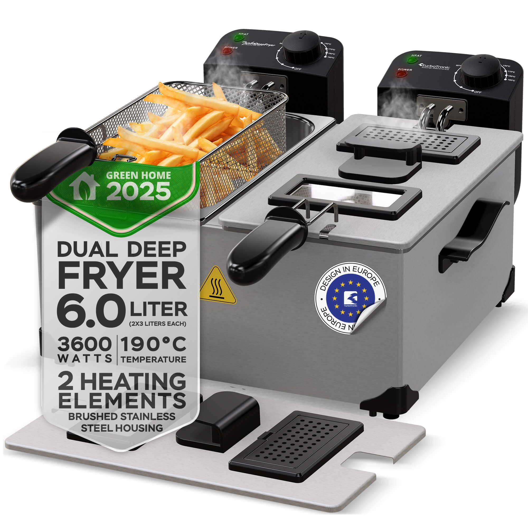 TurboTronic by Z-Line Kaltzonenfritteuse Doppel 3600W 6L 2x3L Kaltzone Edelstahl 0-190°C Sichtfenster, 3600 W, 2 getrennte Thermostate je 1kg Pommes pro Korb spülmaschinenfest Profi