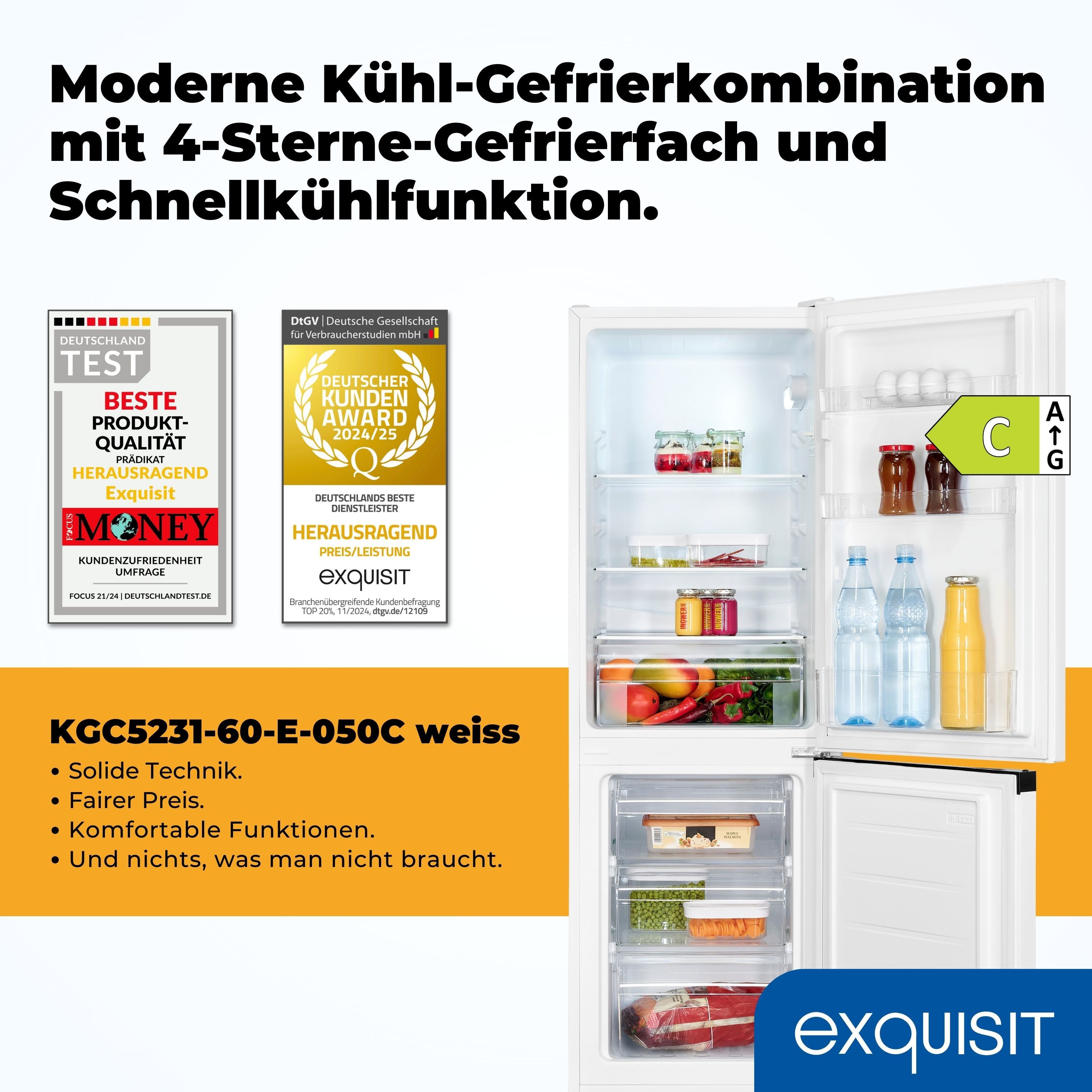 exquisit Kühl-/Gefrierkombination KGC5231-60-E-050C, 144 cm hoch, 47.4 cm breit, 4*-Gefrieren, Schnellkühlen, 157 Liter Nutzinhalt, 3 Ablagen