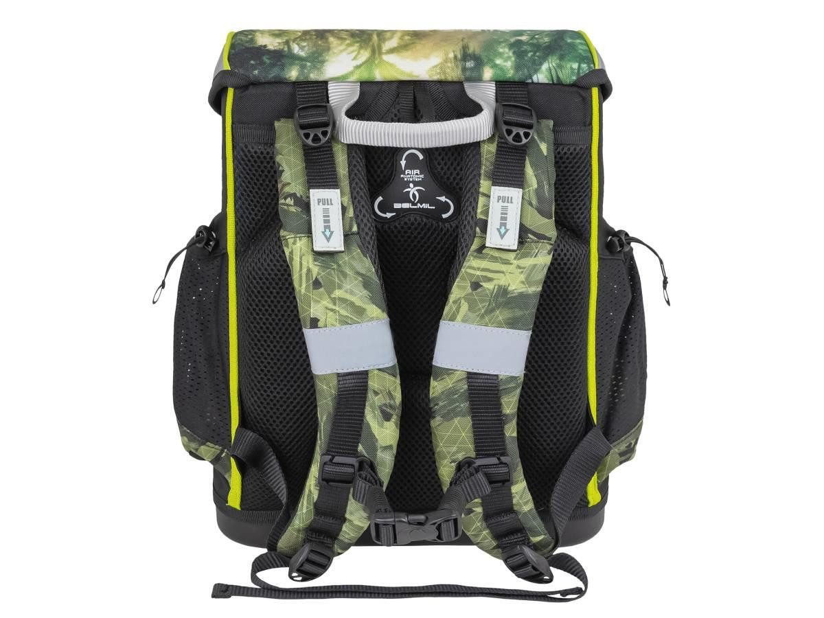 Belmil Schulranzen BELMIL Schulranzen-Set MINI-FIT 4tlg mit Regenhaube (Set, 4-tlg., mit Sportbeutel, Federtasche, Schlamper, Brustgurt), Dino Dinosaurier, Grundschule, Einschulung, für Jungen