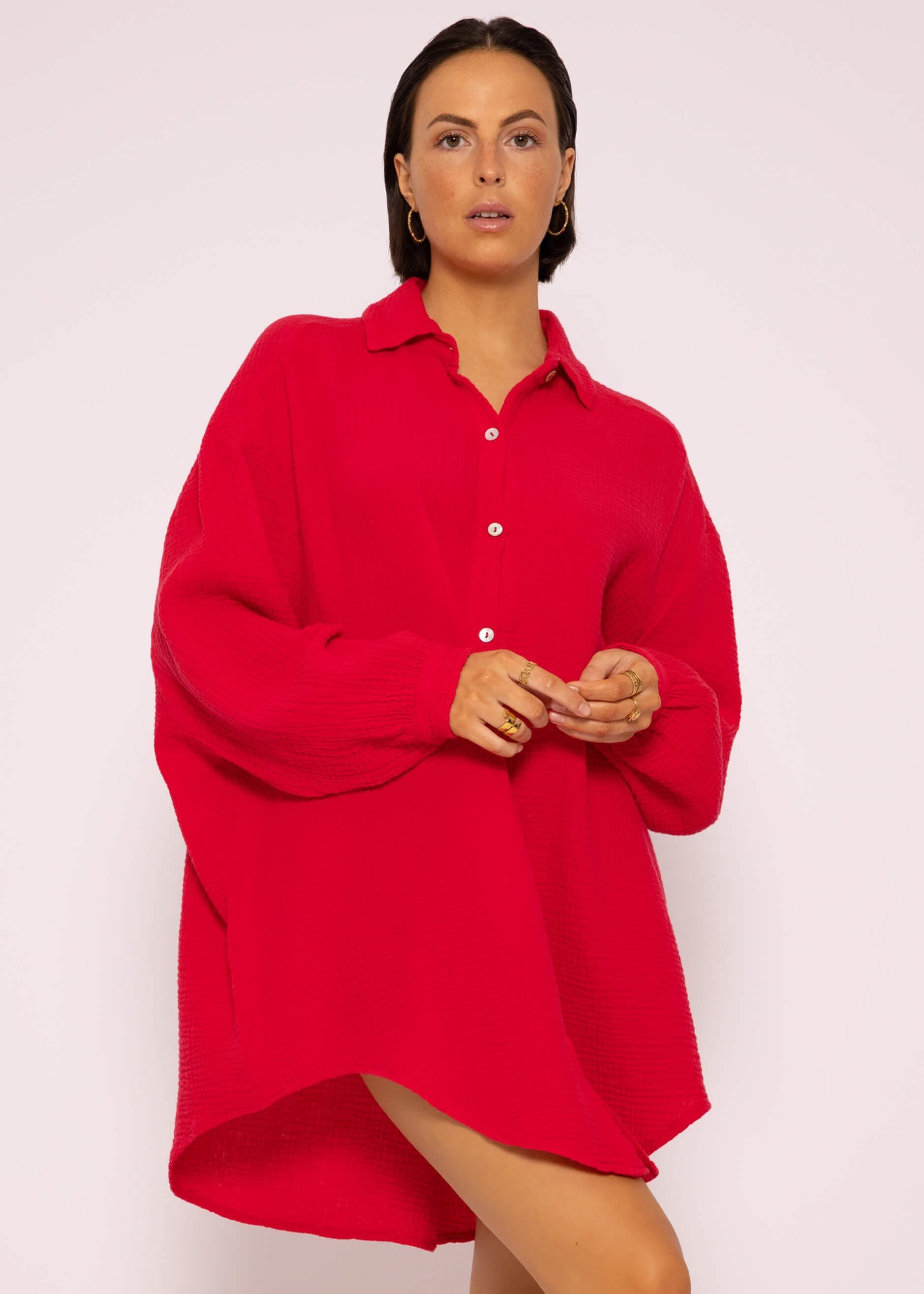 SASSYCLASSY Longbluse Oversize Musselin Bluse Damen Langarm Hemdbluse lang aus Baumwolle mit V-Ausschnitt, One Size (Gr. 36-48) Rot