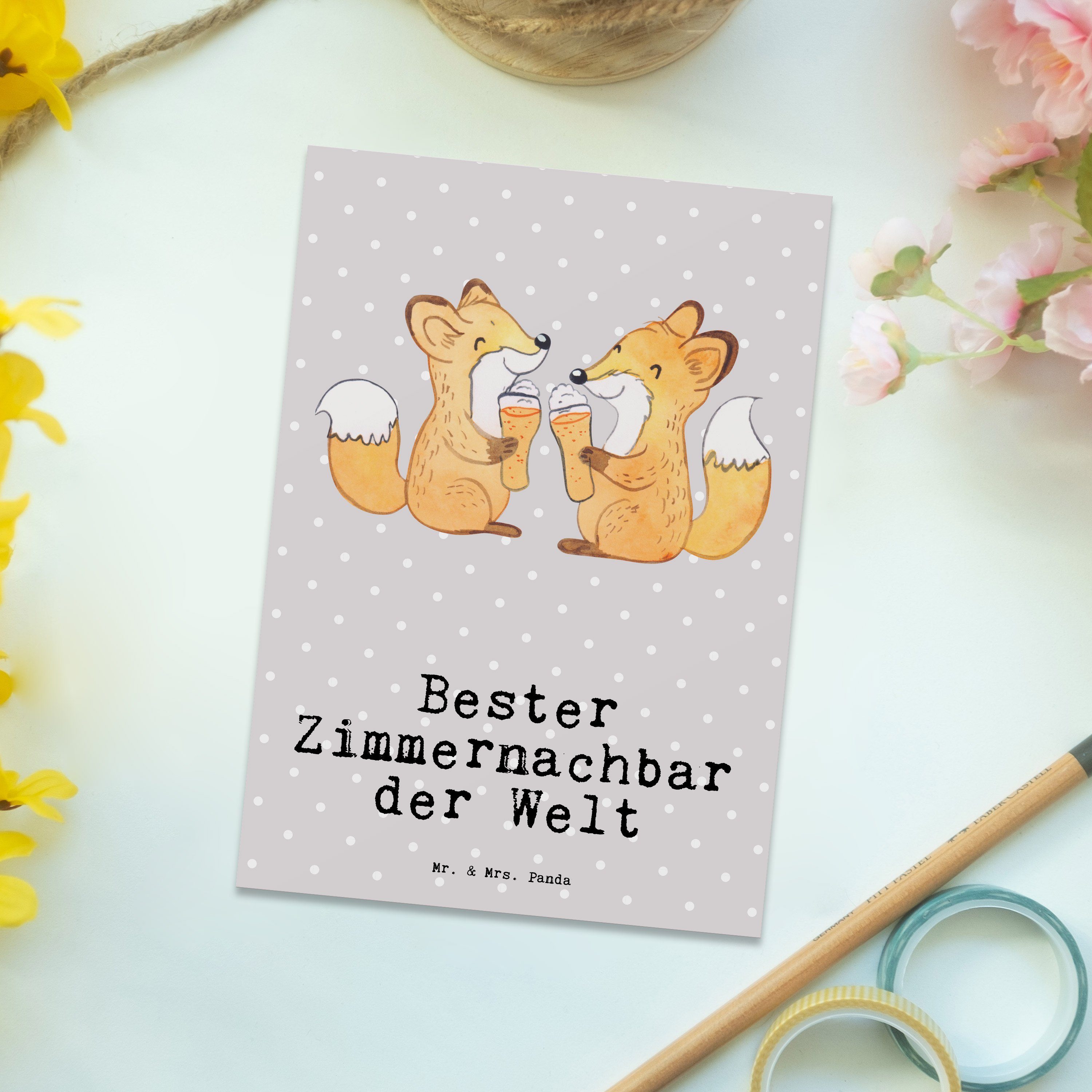 - Mr. Panda & Bester Geschenk, Pastell Postkarte der Zimmernachbar - Grau Fuchs Dankes Welt Mrs.