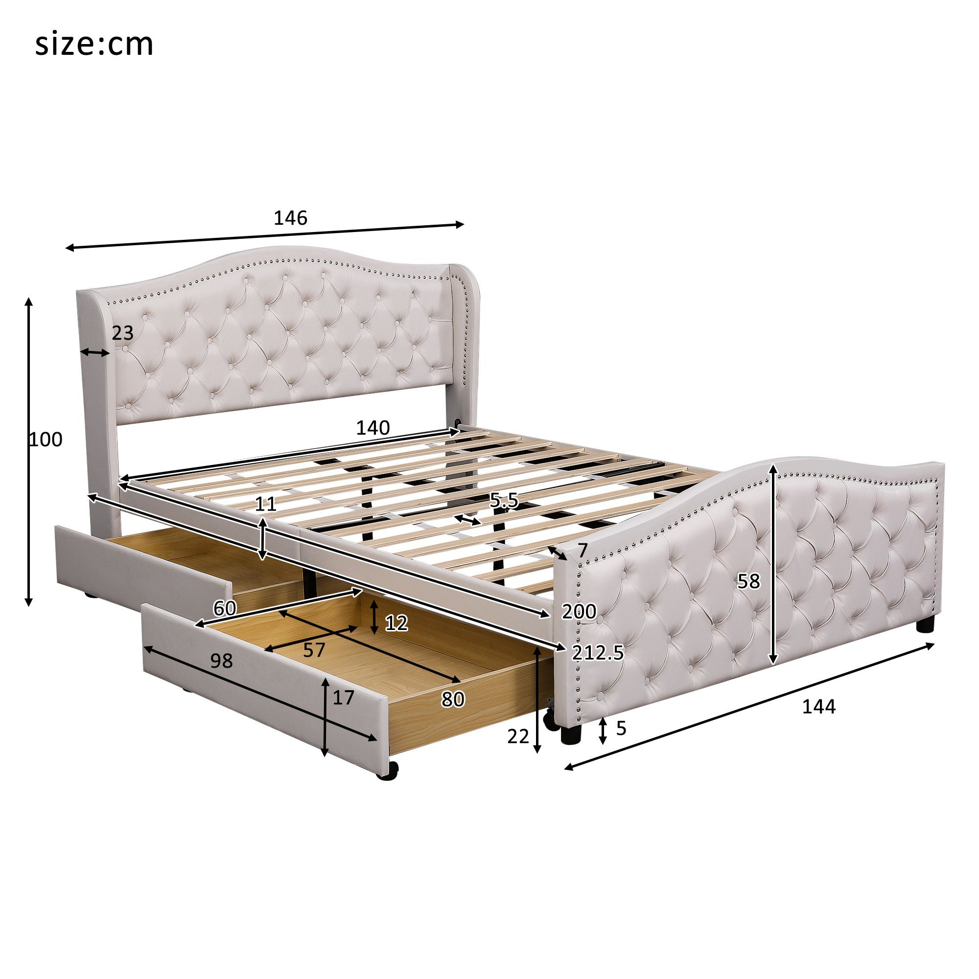 SOFTWEARY Polsterbett (Doppelbett mit Schubladen, aus mit Ohren, und Bezug 2 Kunstleder cm), 140x200 Kopfteil Lattenrost seitlichen gepolsterter