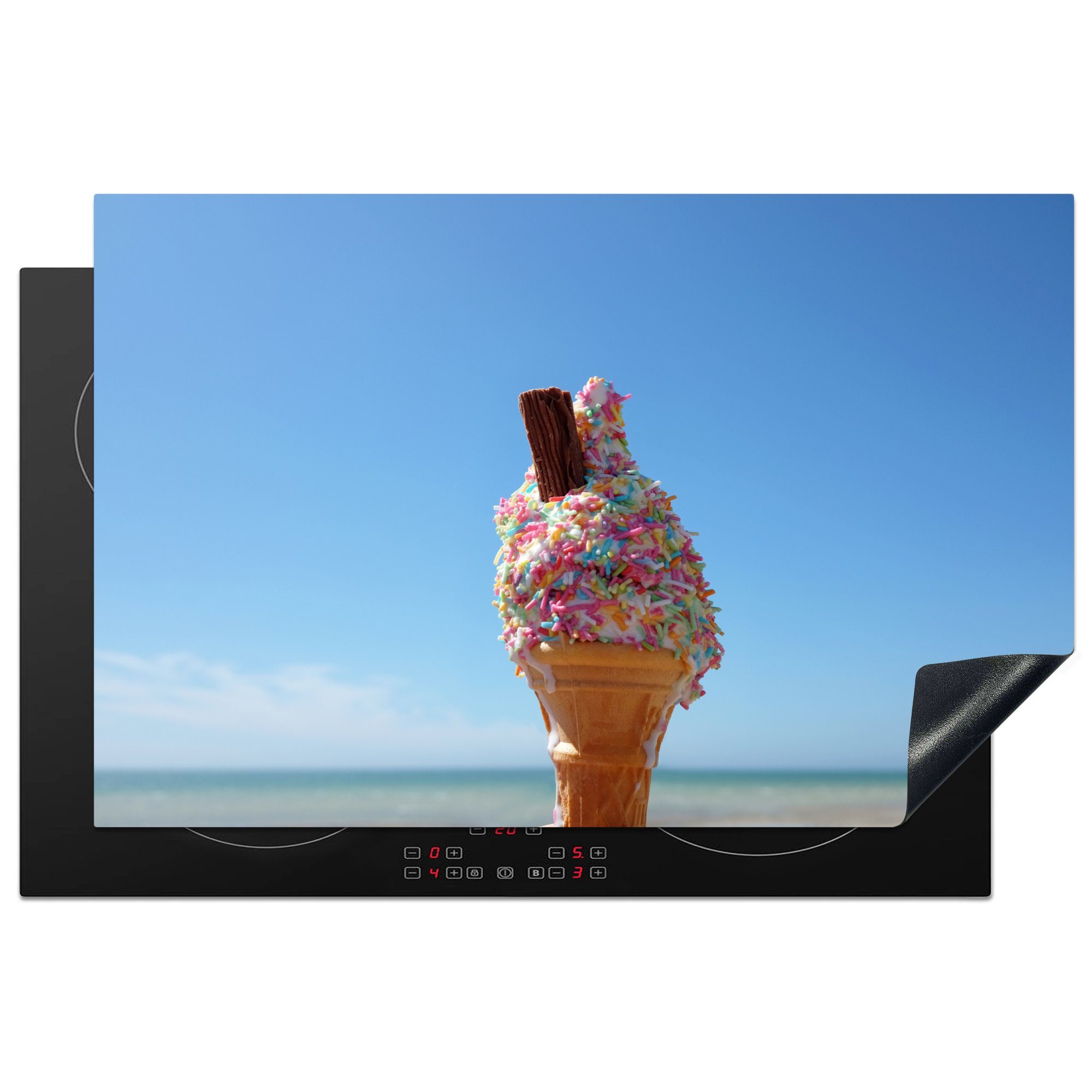MuchoWow Herdblende-/Abdeckplatte Geschmolzenes Eis mit Flecken am Strand, Vinyl, (1 tlg), 81x52 cm, Induktionskochfeld Schutz für die küche, Ceranfeldabdeckung