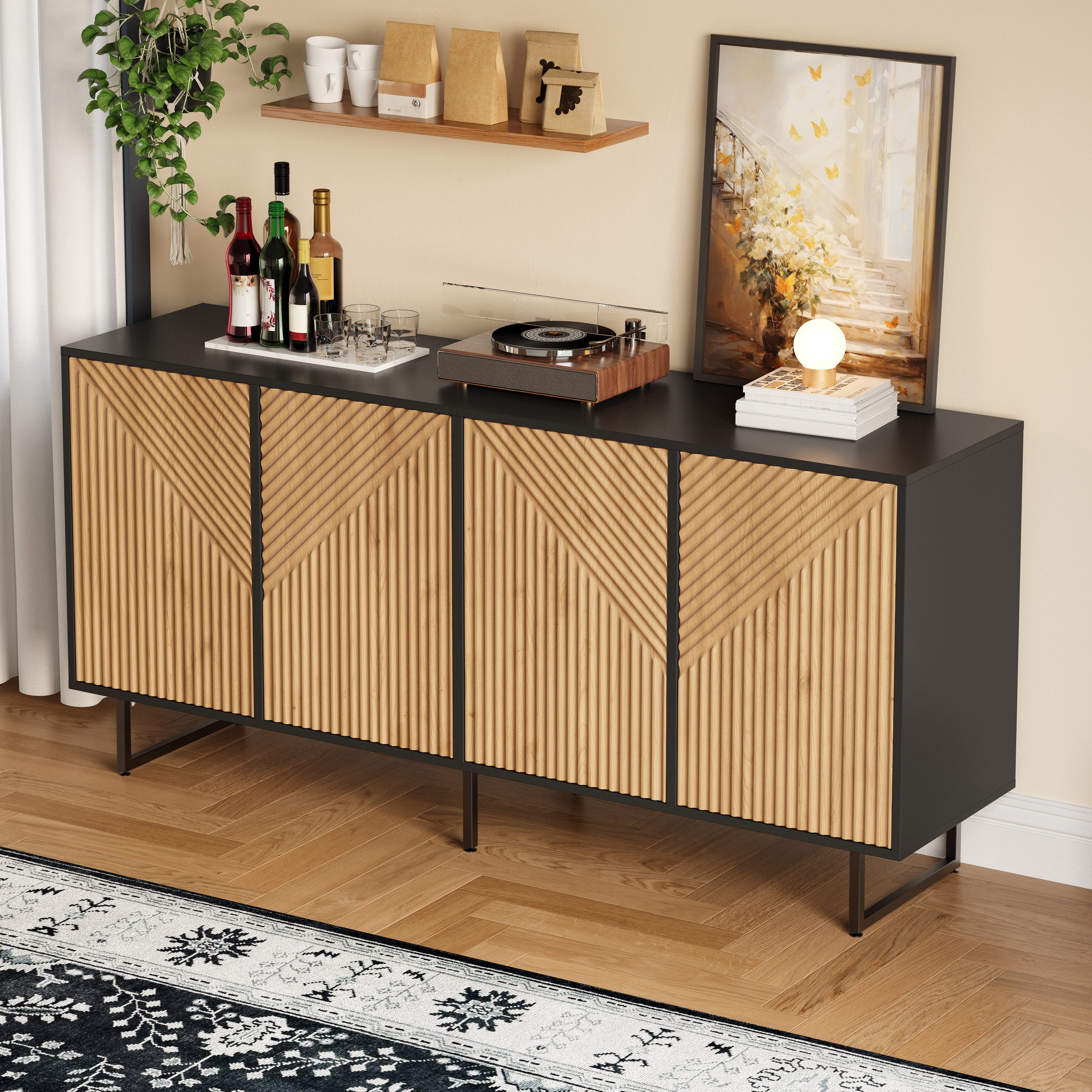 Merax Sideboard in Holzoptik & Schwarz (1 St), Wohnzimmerschrank mit 4 Türen, 8 Fächern und Metallbeinen, 160x40x75cm – Bild 3 von 5