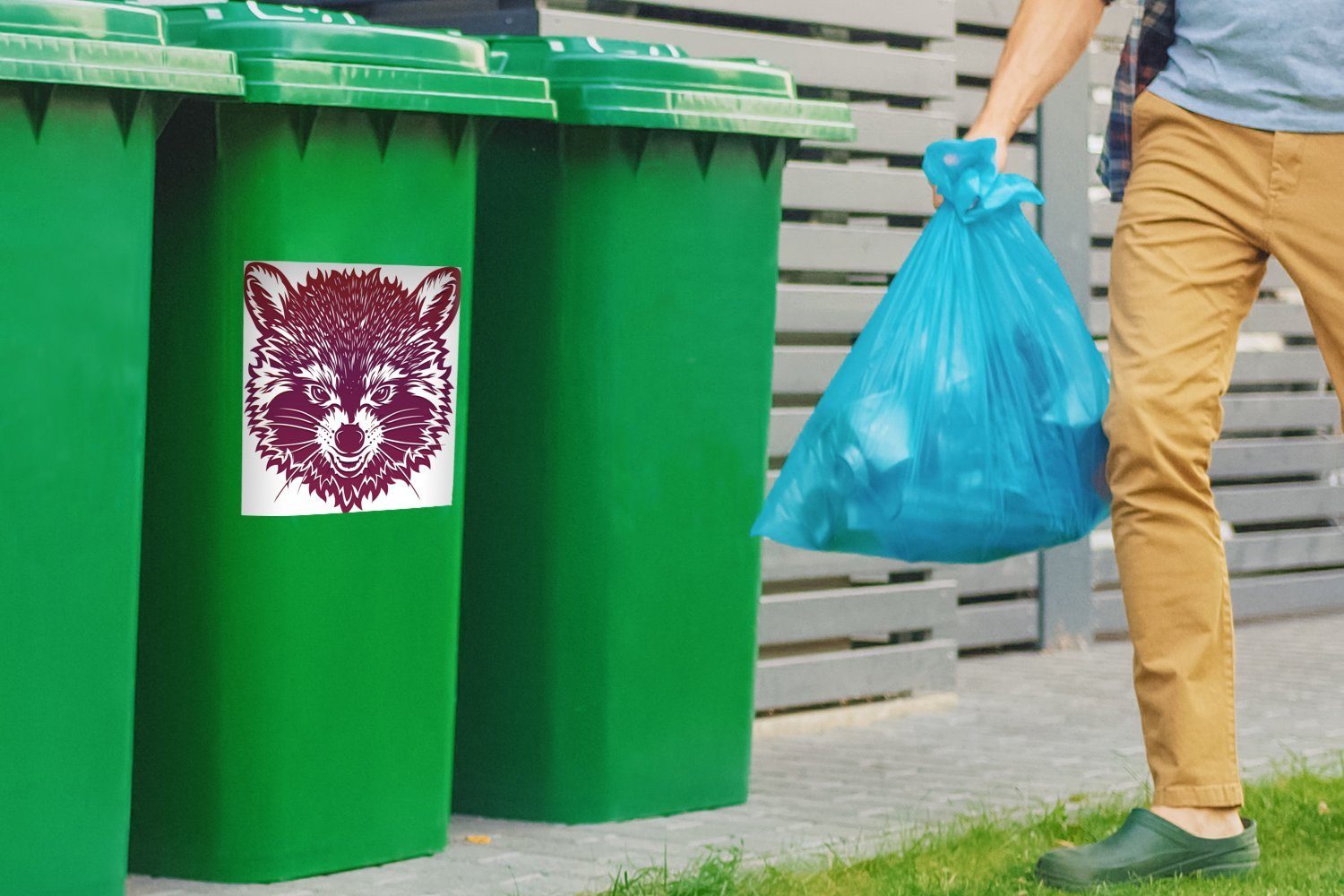 in St), Mülleimer-aufkleber, Illustration einer Container, lila Farbe Sticker, Mülltonne, eines MuchoWow (1 Abfalbehälter Waschbären Wandsticker