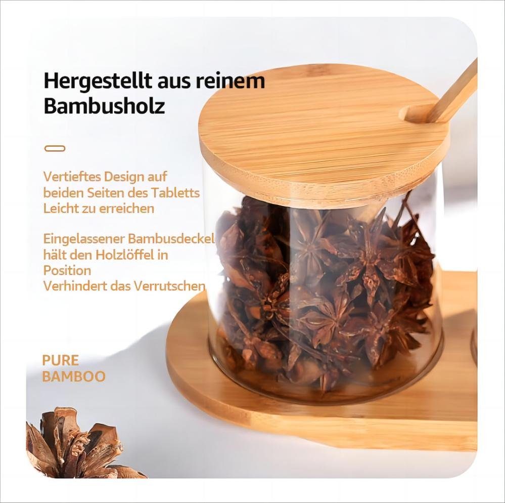 Bambusdeckel Set Bambus, Salzbehälter, MULISOFT Glas, (3er Bambuslöffel, Bambustablett Gewürzbehälter, 300+300+300ml mit Gewürzgläser), und