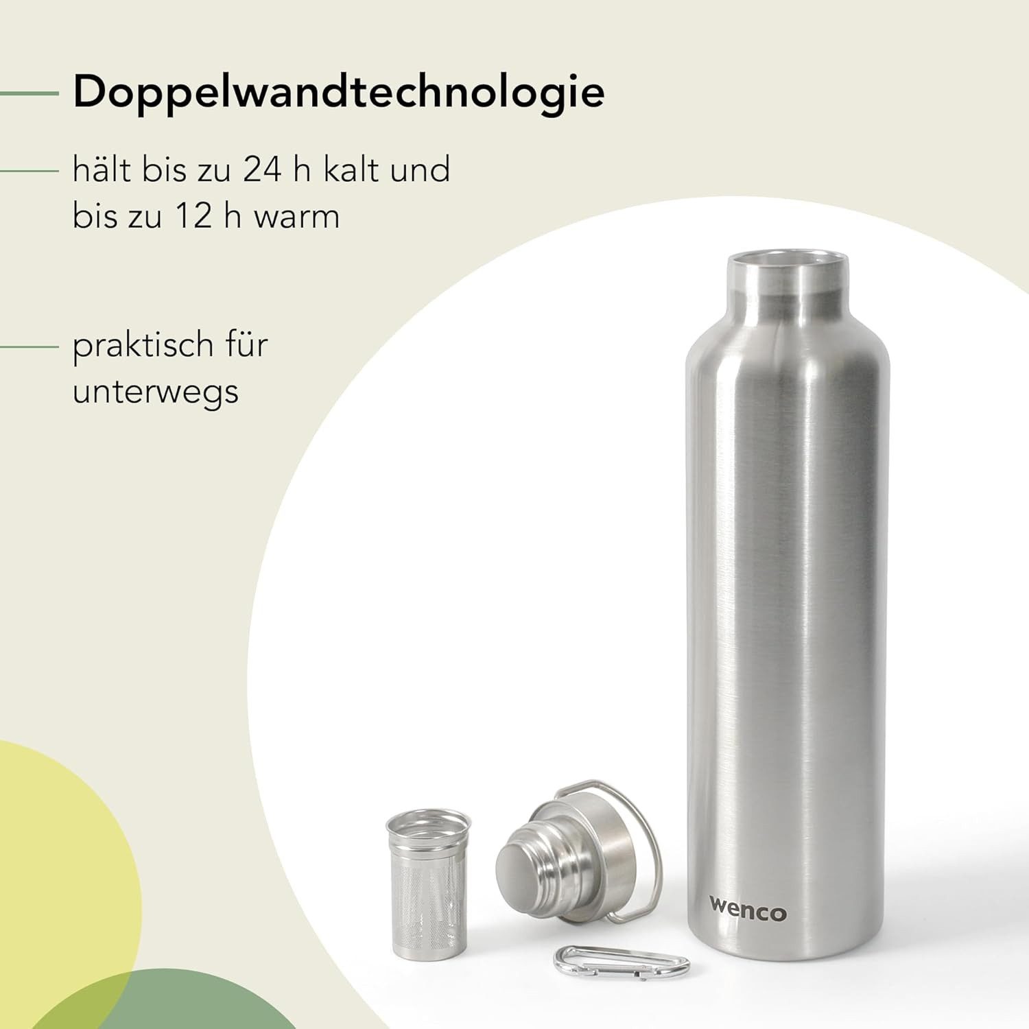 Wenco Isolierflasche Trinkflasche 1l Edelstahl, Thermoskanne für kalte, heiße Getränke mit Teesieb BPA frei silber – Bild 3 von 5