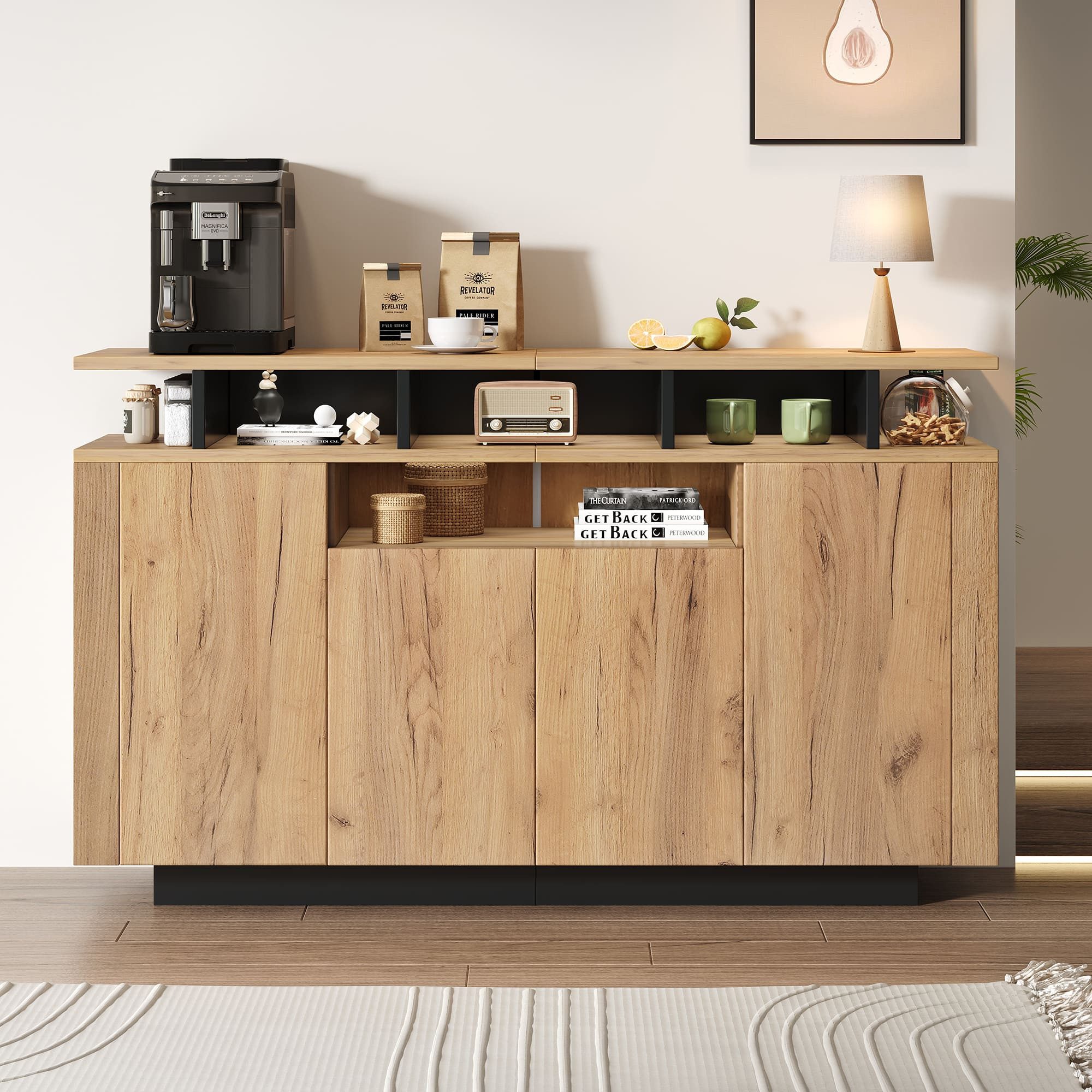 Ulife Anrichte Sideboard 120cm mit 4 Türen + 3 offenen Fächern (Naturholz)