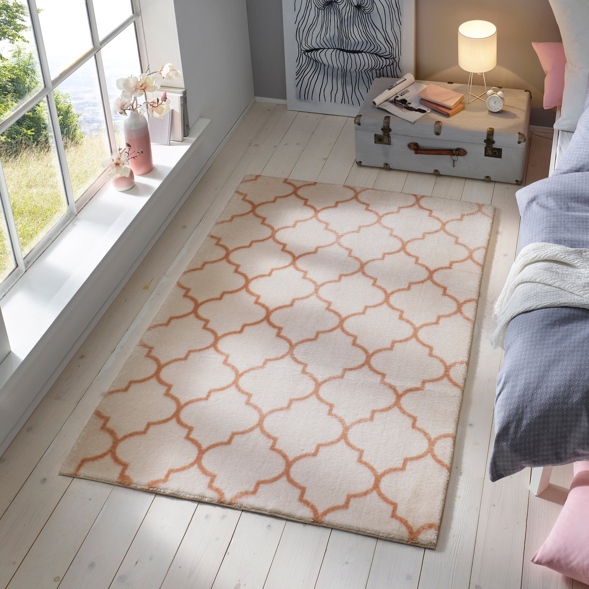TaCa Home Teppich Waschbarer Kurzflor-Teppich Boho, rechteckig, Höhe: 19 mm, Skandi Wohnzimmer Schlafzimmer Jugendzimmer, Creme Rosa - 80 x 150 cm