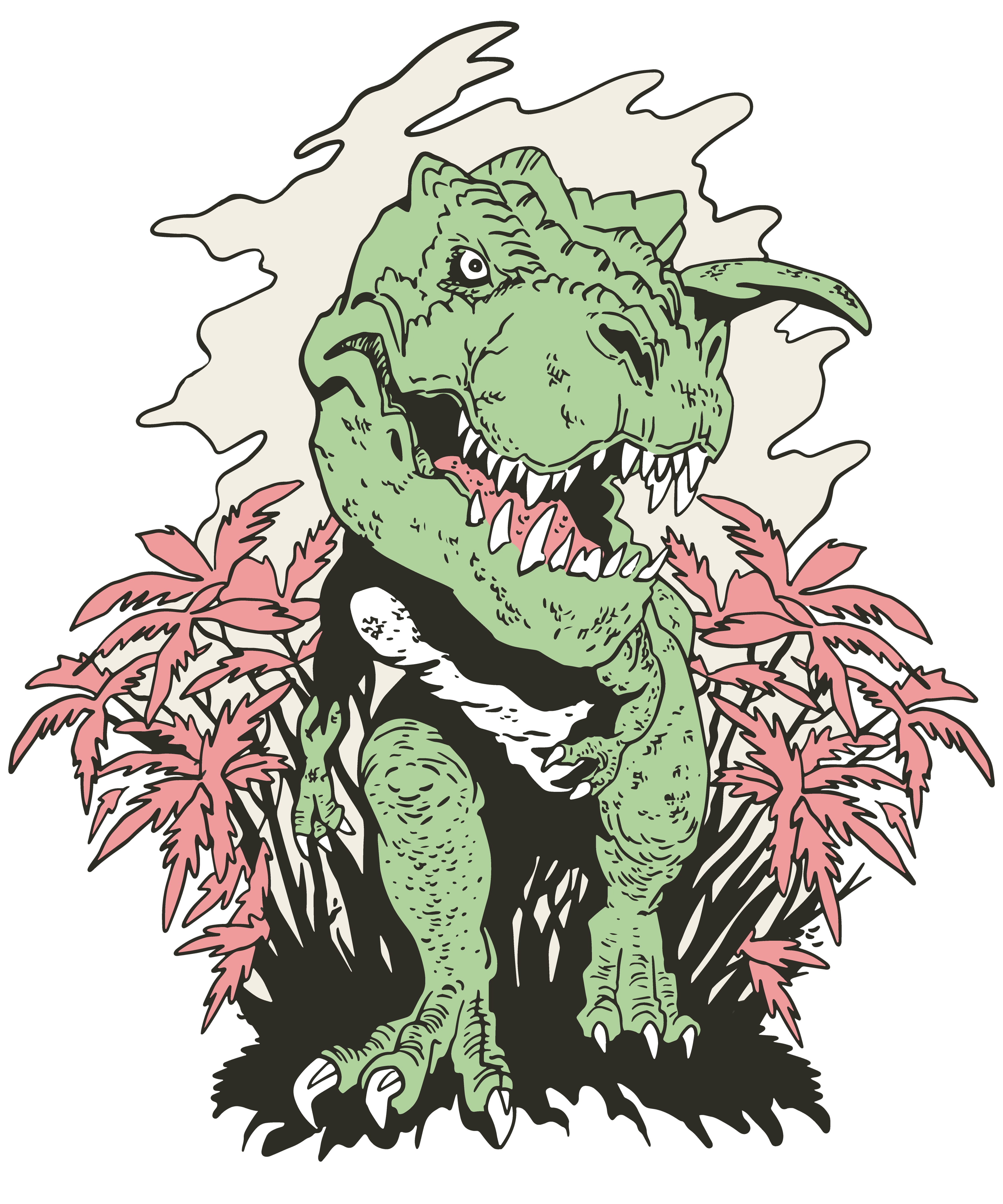 bedrucktes aus T-Shirt MyDesign24 der Dino Kinder einem Print-Shirt blau, kommt mit Busch schwarz, rot, 100% i101 Baumwolle Aufdruck, weiß, T-Rex