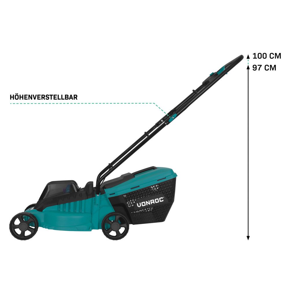 VONROC Akkurasenmäher 20V - Drei einstellbare Schnitthöhen: 30/50/70 mm, 32 cm Schnittbreite, (Set), Inkl. 30 L Fangkorb