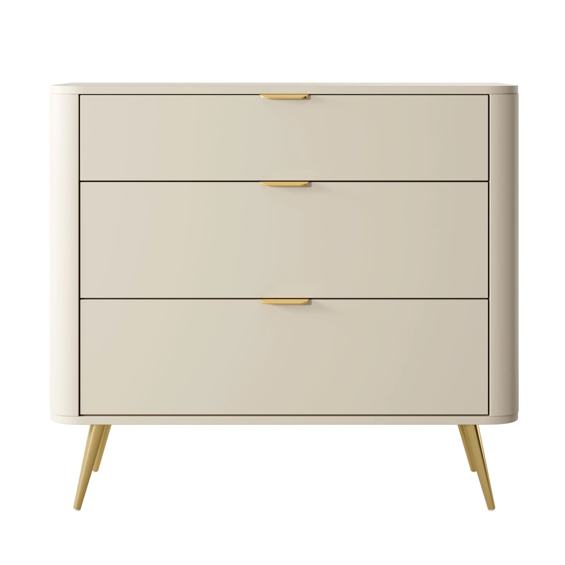 Selsey Kommode OVAL, mit 3 Schubladen, goldenen Füßen und Griffen, 92 cm