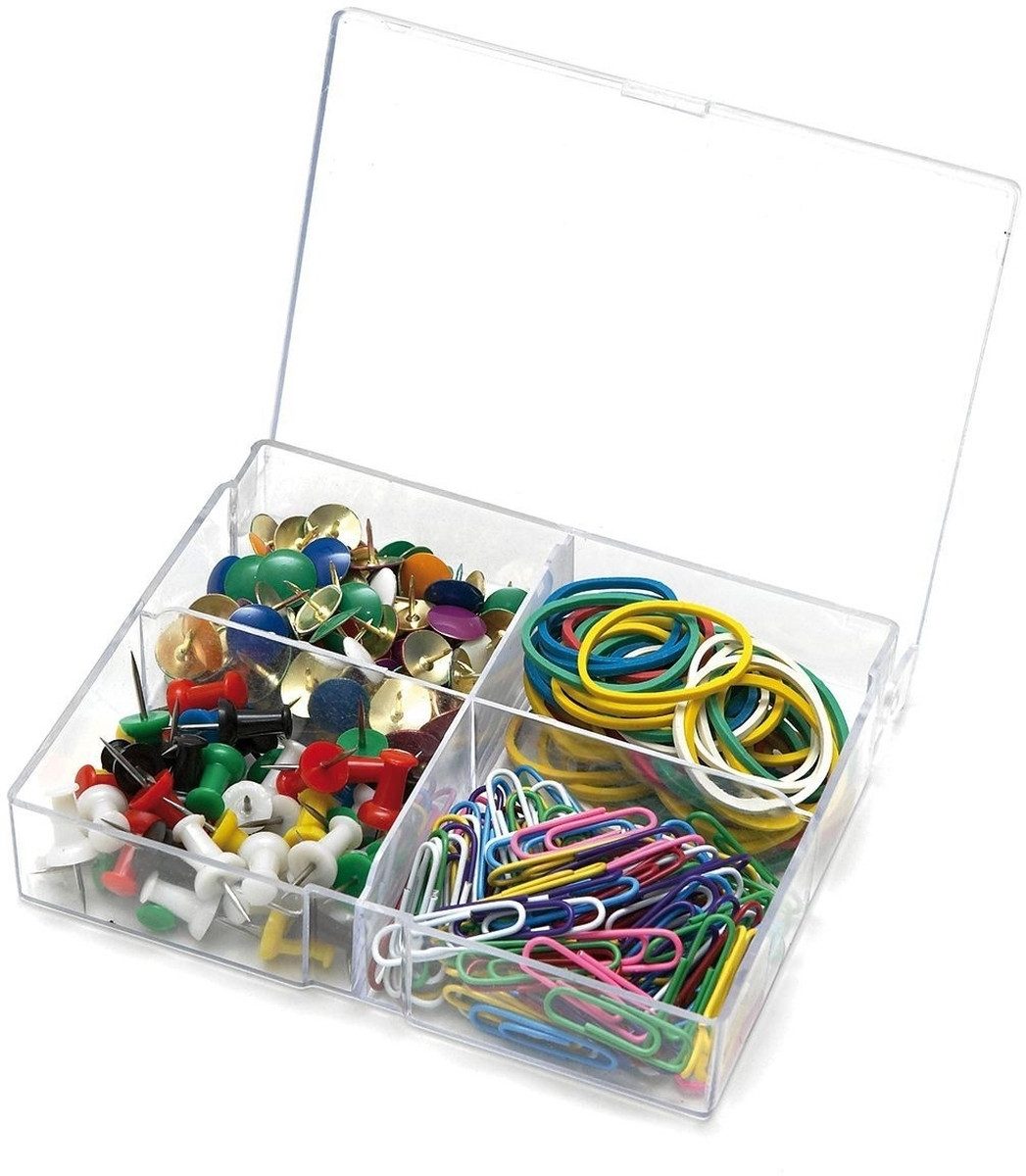 ALCO Gummibänder Sortimentsdose Gummiringe Briefklammern Pinnnadeln Reißnägeln
