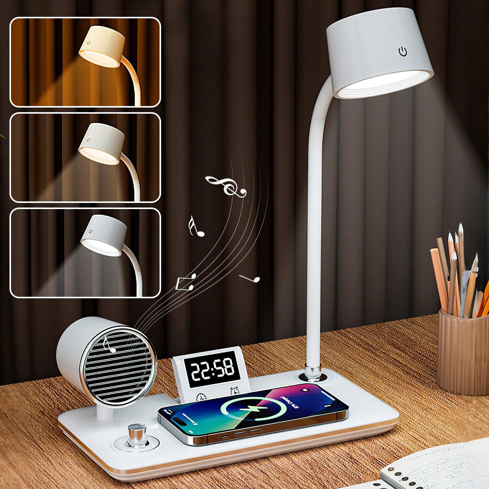 BlingBin Schreibtischlampe LED Tischlampe Dimmbar Tischleuchte mit 15W kabelloses Laden, mit Digitalanzeige, Bluetooth, Touch-Steuerung, 360 Grad verstellbare, LED fest integriert, warmweiß, neutralweiß, tageslichtweiß, mit Touch Steuerung für Kinder, Schlafzimmer, Lektüre, Büros