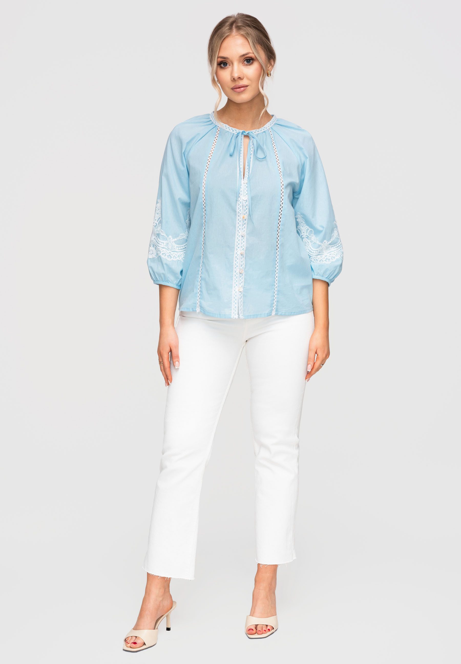 OMBRE Hemdbluse Damen Bluse Baumwolle Boho Stickerei Blau L (kein Set, 1-tlg) Ajour-Einsätze, Stickereien, Knopfleiste