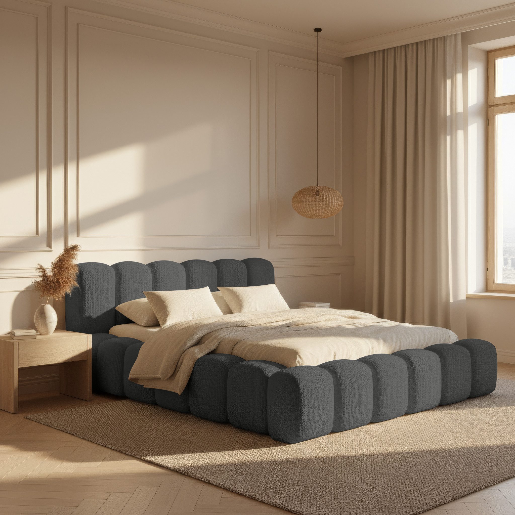 yourhouse24 Polsterbett Designer Polsterbett Dallas Bouclé (Bettgestell mit Bettkasten), Zeitloses, skandinavisch inspiriertes Design