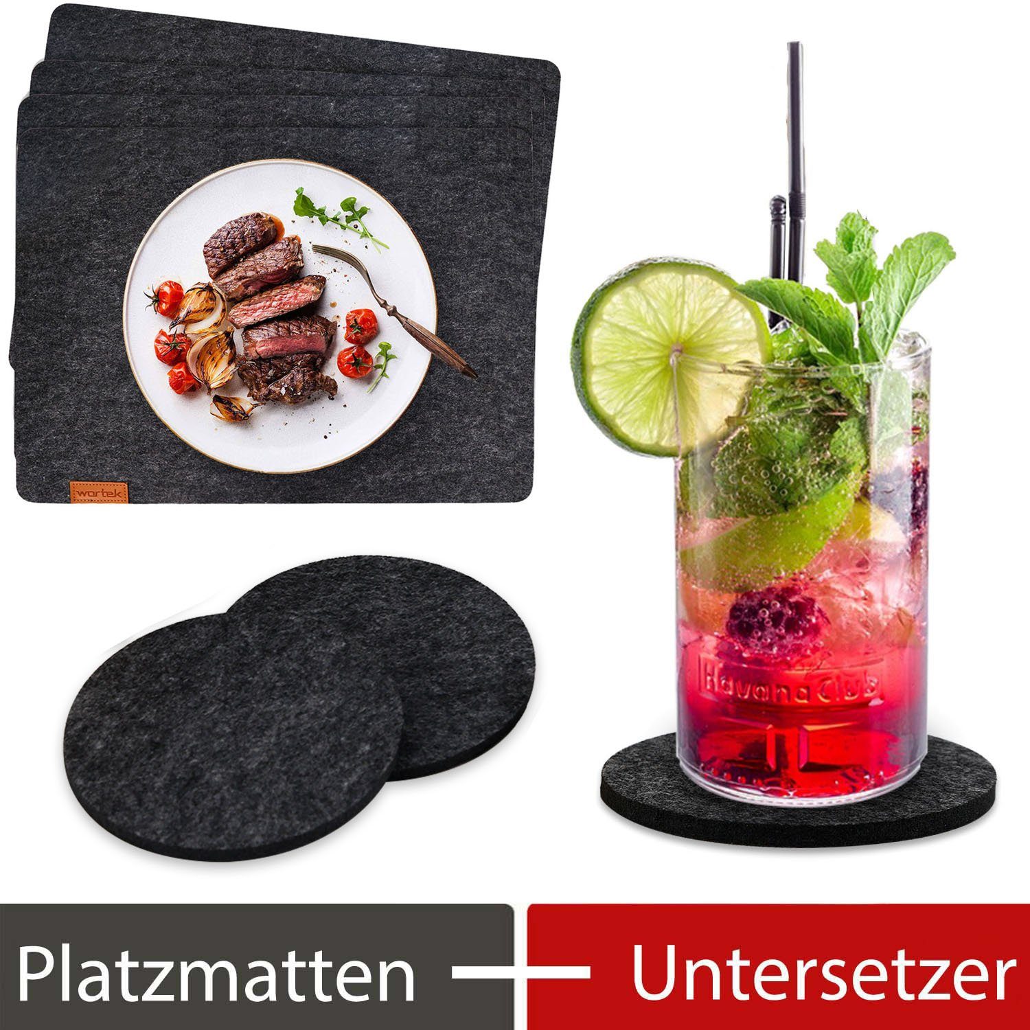 wortek Platzset 6 x Filz Tischset + 8 x Untersetzer Rund, (Set, 14-St), waschbar