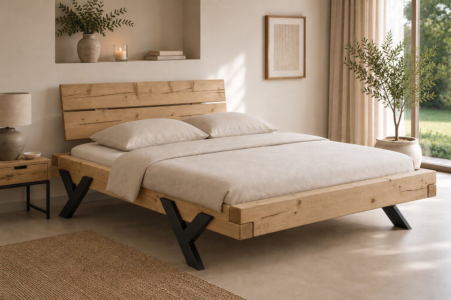 OTTO home Massivholzbett Ultima Balkenbett Doppelbett, Füße aus Metall in Y-Form (hohe Belastbarkeit: 200kg je Seite), FSC®-zertifizierte Wildeiche oder Fichte, viele Breiten zur Auswahl