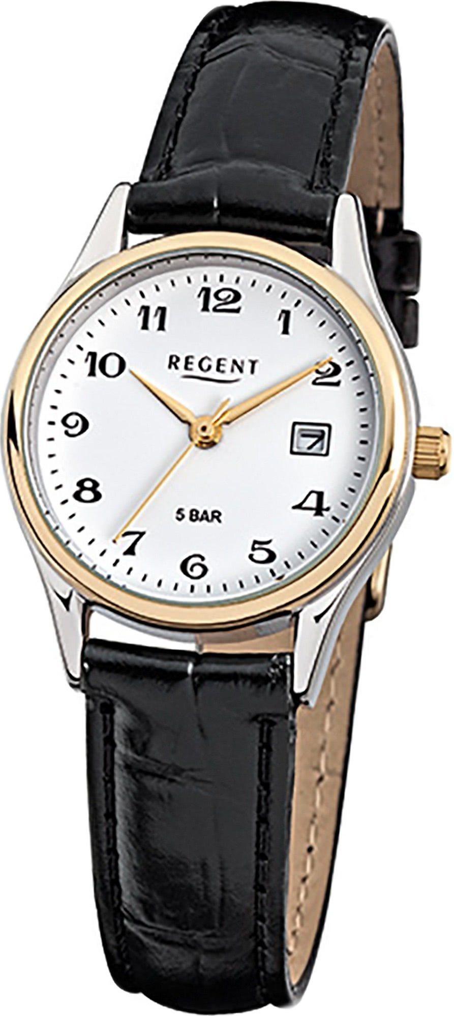 Regent Quarzuhr Regent Leder Damen Uhr F-834 Quarzuhr, Damenuhr Lederarmband schwarz, rundes Gehäuse, klein (ca. 28mm)