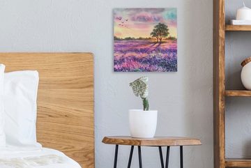 OneMillionCanvasses® Leinwandbild Lavendel - Farbe - Vögel - Bäume - Lila, (1 St), Leinwand Bilder für Wohnzimmer Schlafzimmer