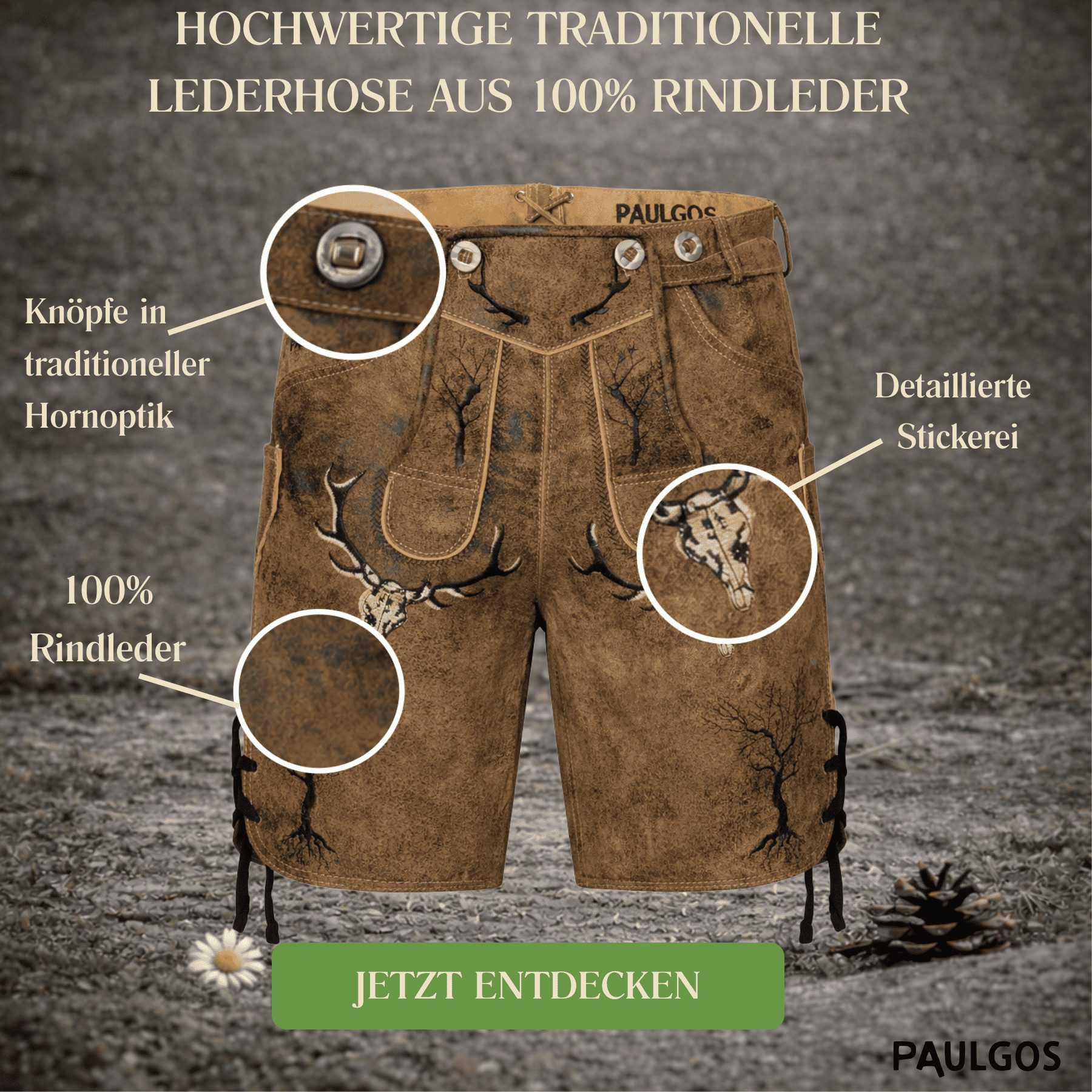 PAULGOS Trachtenhose Herren Lederhose Kurz mit Trägern 100% Echtleder - HK6 ANTIK