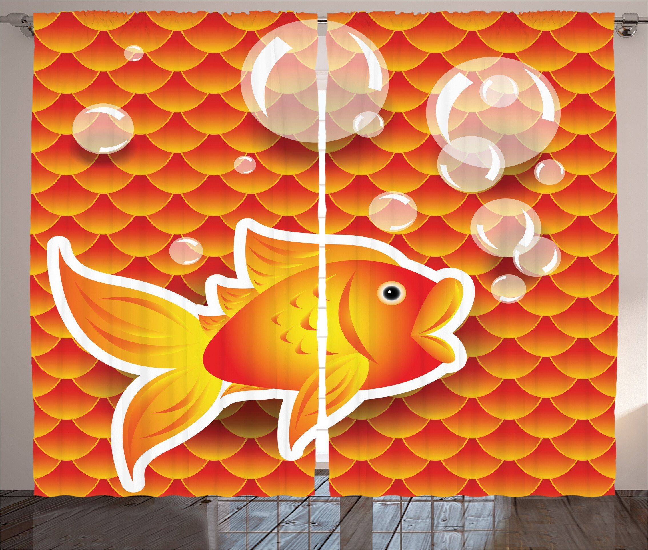Gardine Schlafzimmer Kräuselband Vorhang mit Orange Haken, Cartoon Schlaufen Goldfish Blase und Abakuhaus