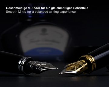 DIPLOMAT Füllhalter Excellence A+ Wave guillochiert lapis schwarz, (Komplett-Set mit Tintenkonverter, Schreibtinte Königsblau von Octopus Fluids und Lederetui), MADE IN GERMANY