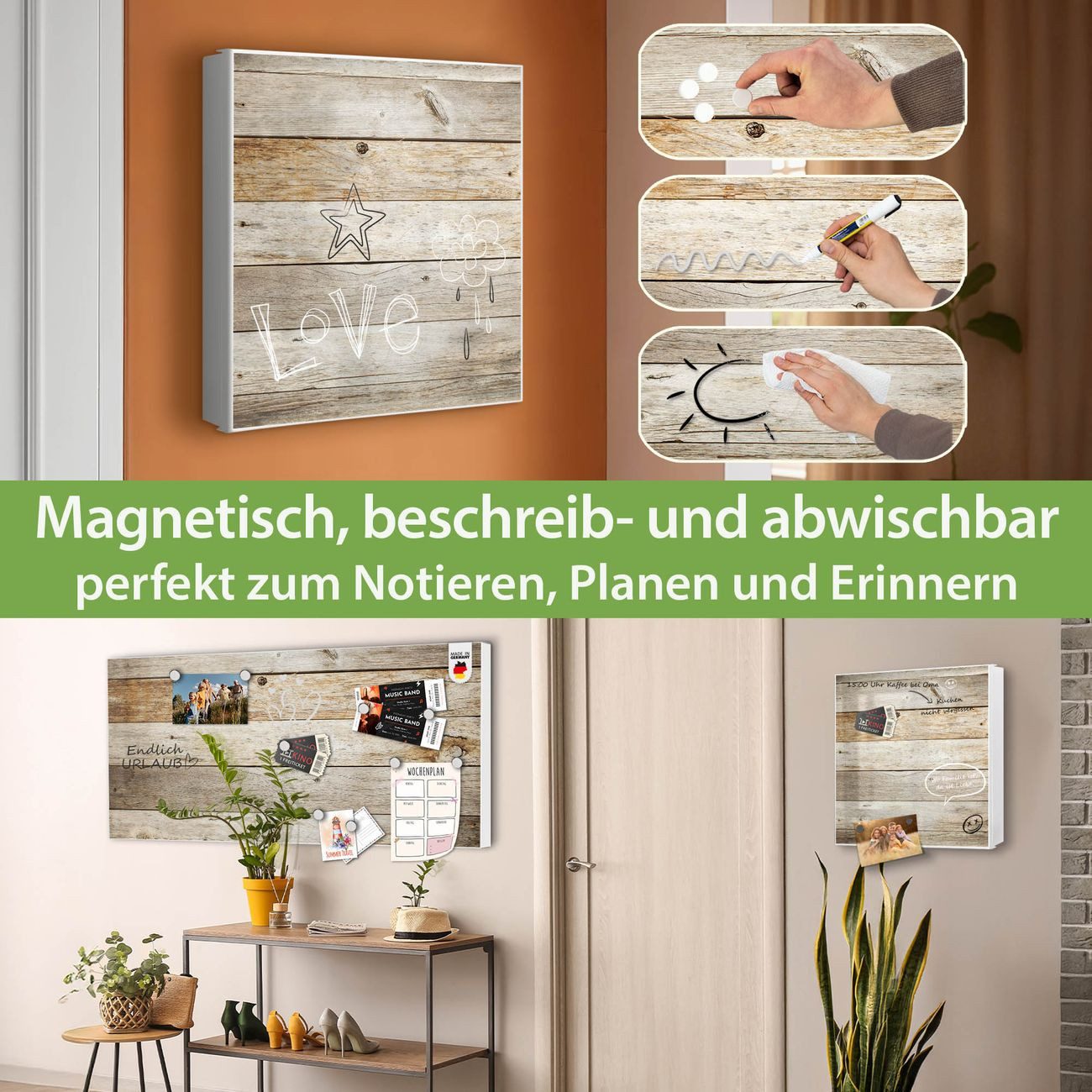 banjado Schlüsselkasten aus Metall mit Motiv Graues Holz (Stahl Gehäuse, mit 32 Haken, beschreibbar & magnetisch), 30 x 30 x 5 cm