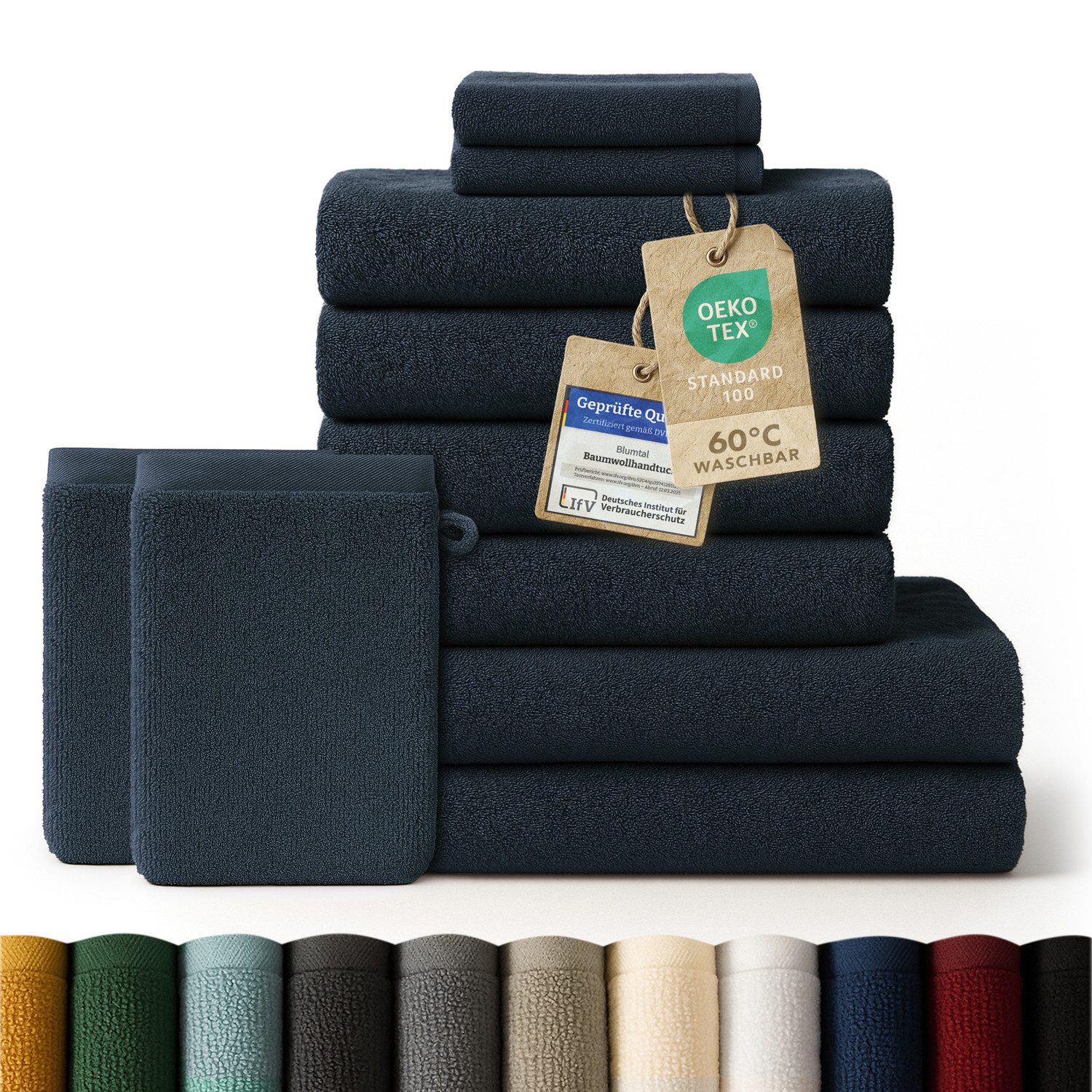 Blumtal Handtuch Set Blumtal 10 Teilig - Handtücher Set 100% Baumwolle, weich und saugstark, Frottee (10er Set, 10-St), 2 Bad 70x140, 4 Hand 50x100, 2 Gäste 30x50, 2 Waschlappen 15x21cm. Reduzierter Preis € 44,99. Unverbindliche Preisempfehlung € 54,99