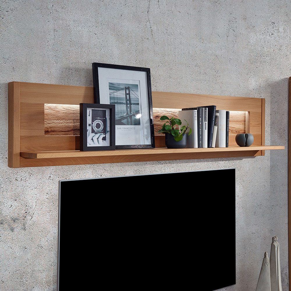 Lomadox Wandregal WELLAND-69, 164 cm breit, Kernbuche massiv geölt mit LED-Beleuchtung
