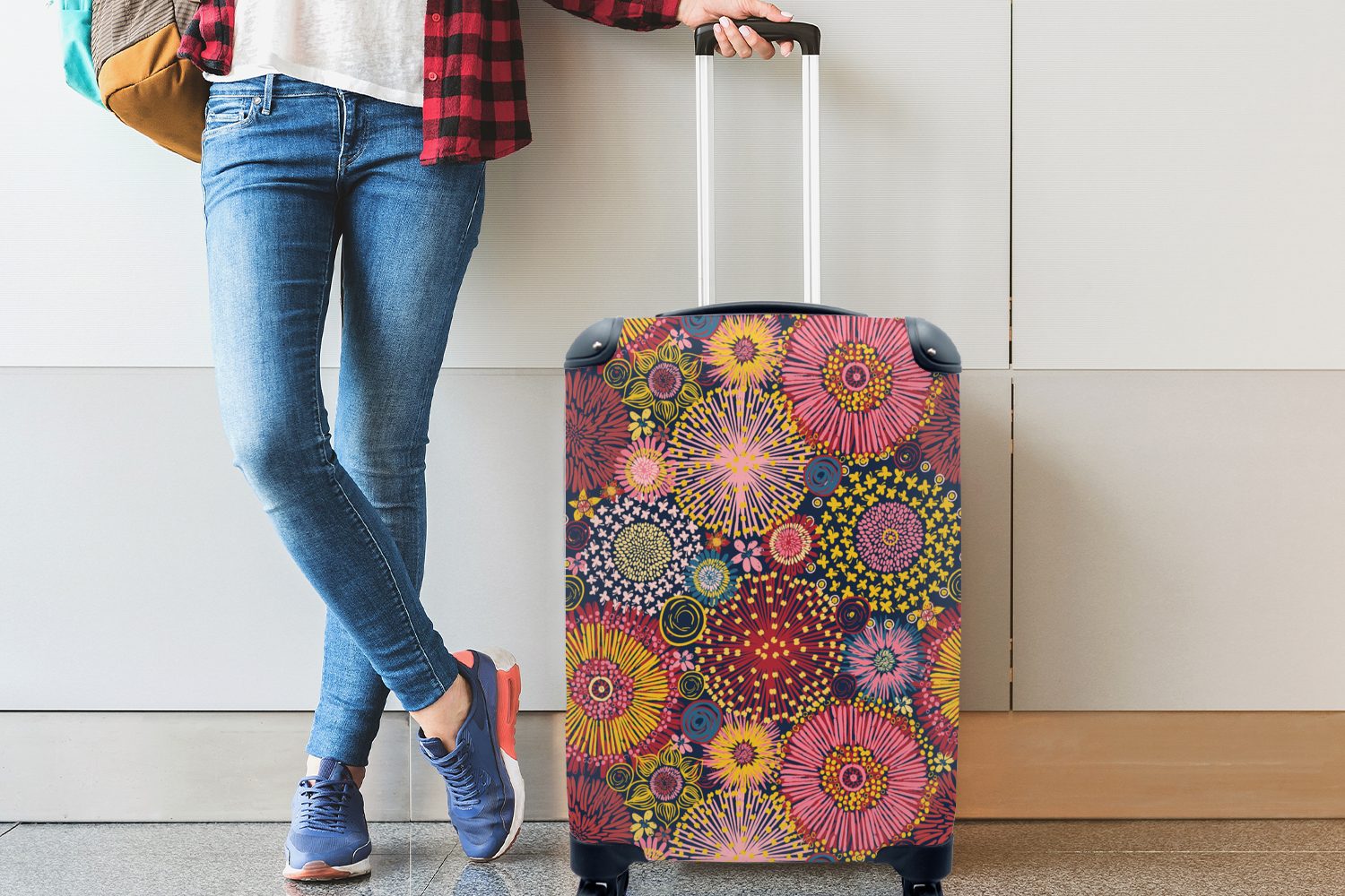 Muster 4 MuchoWow - Handgepäckkoffer Reisetasche für Ferien, Linie, - mit Reisekoffer Trolley, Blumen rollen, Rollen, Handgepäck