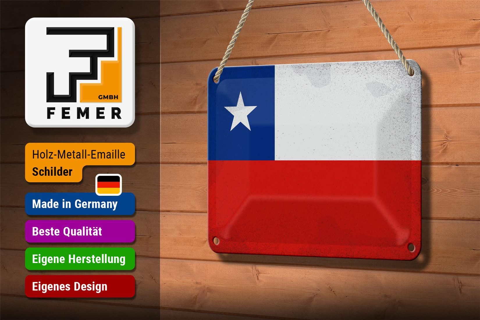 Femer GmbH Metallschild Flagge Chile 18x12cm Flag of Chile Vintage, (1 St), gewölbte Oberfläche, abgerundete Ecken, umgeschlagene Kanten