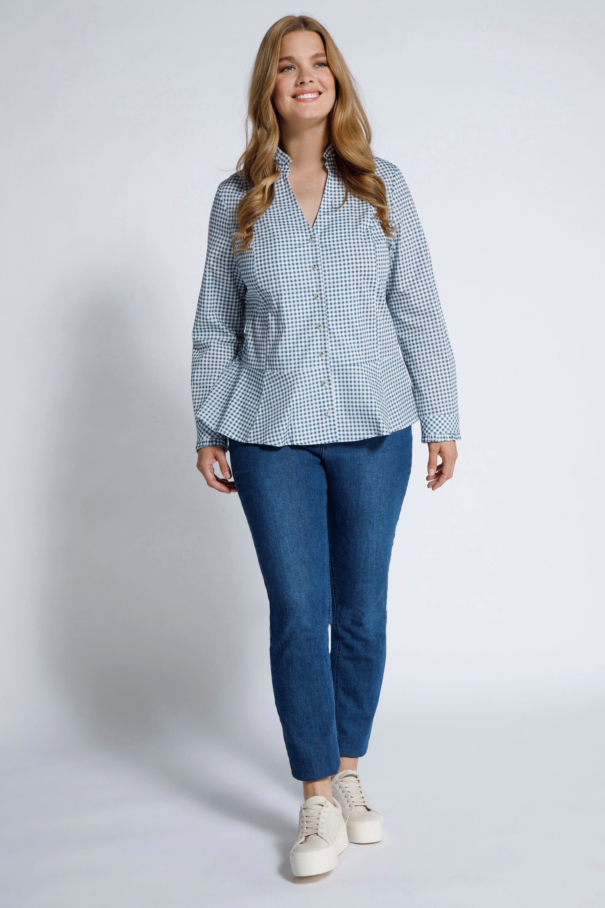 Ulla Karo V-Ausschnitt Popken Longbluse jeansblau Rüschen Schößchen Langarm Bluse mattes