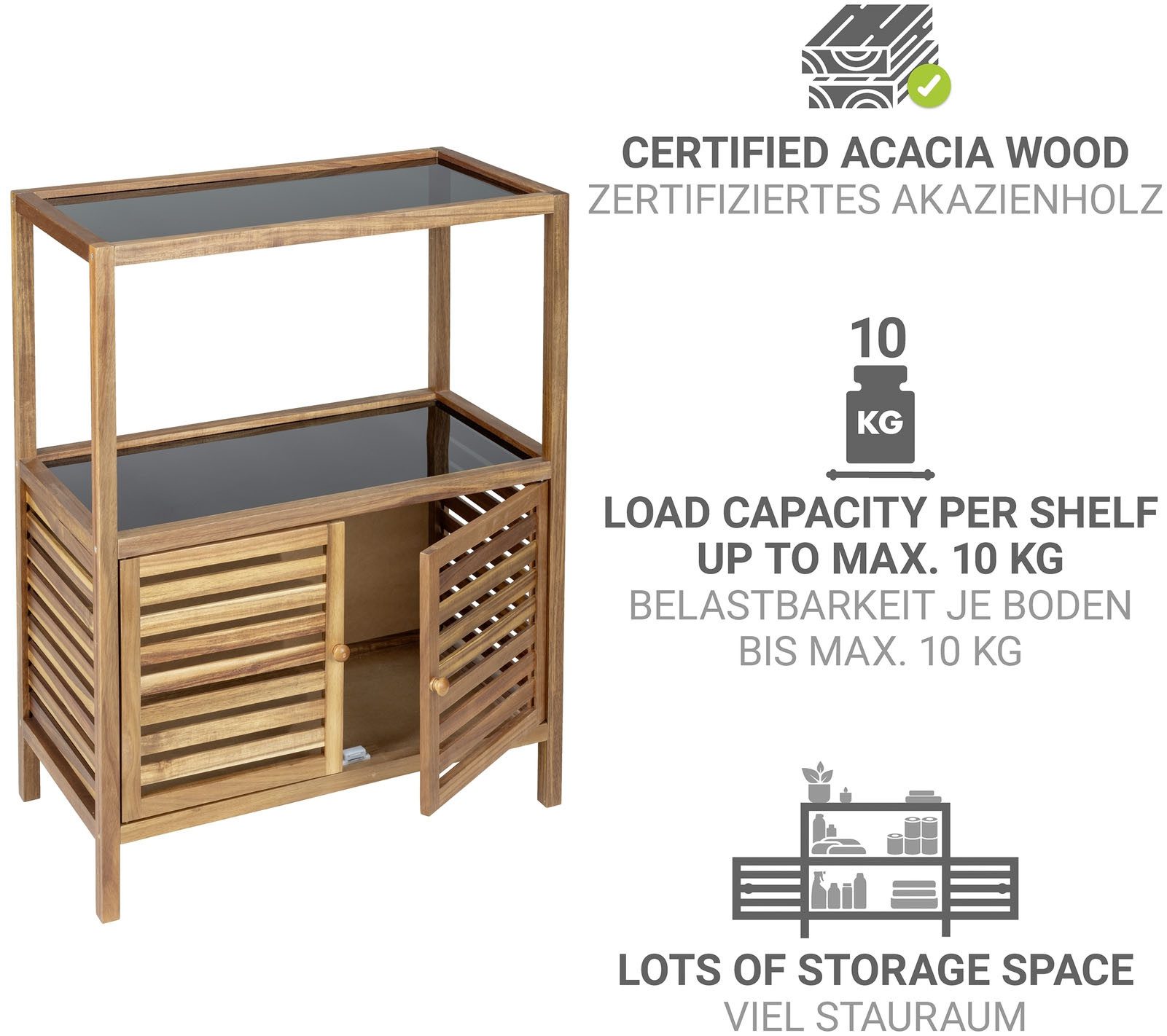 WENKO Badregal Fondi, Regal für Haushalt und Badezimmer, Akazienholz mit Glasböden