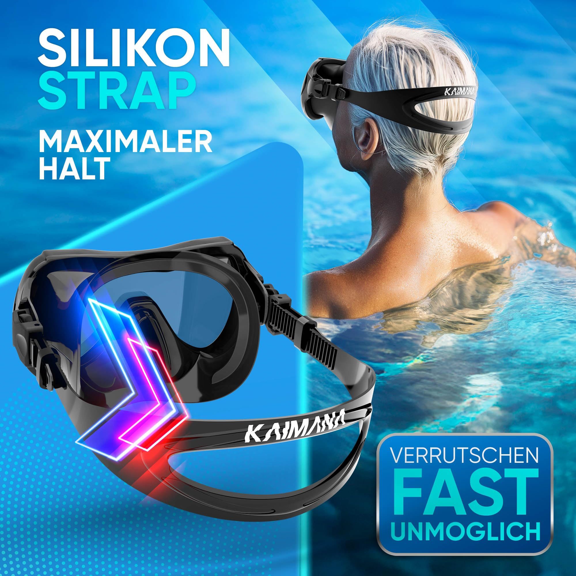 KAIMANA Tauchermaske AquaVision Elite Schnorchelset für Erwachsene inkl. Tragetasche, (Bequeme Taucherbrille Erwachsene, Alternative zur Schnorchelmaske), Taucherbrille mit Stoffband/Silikonstrap