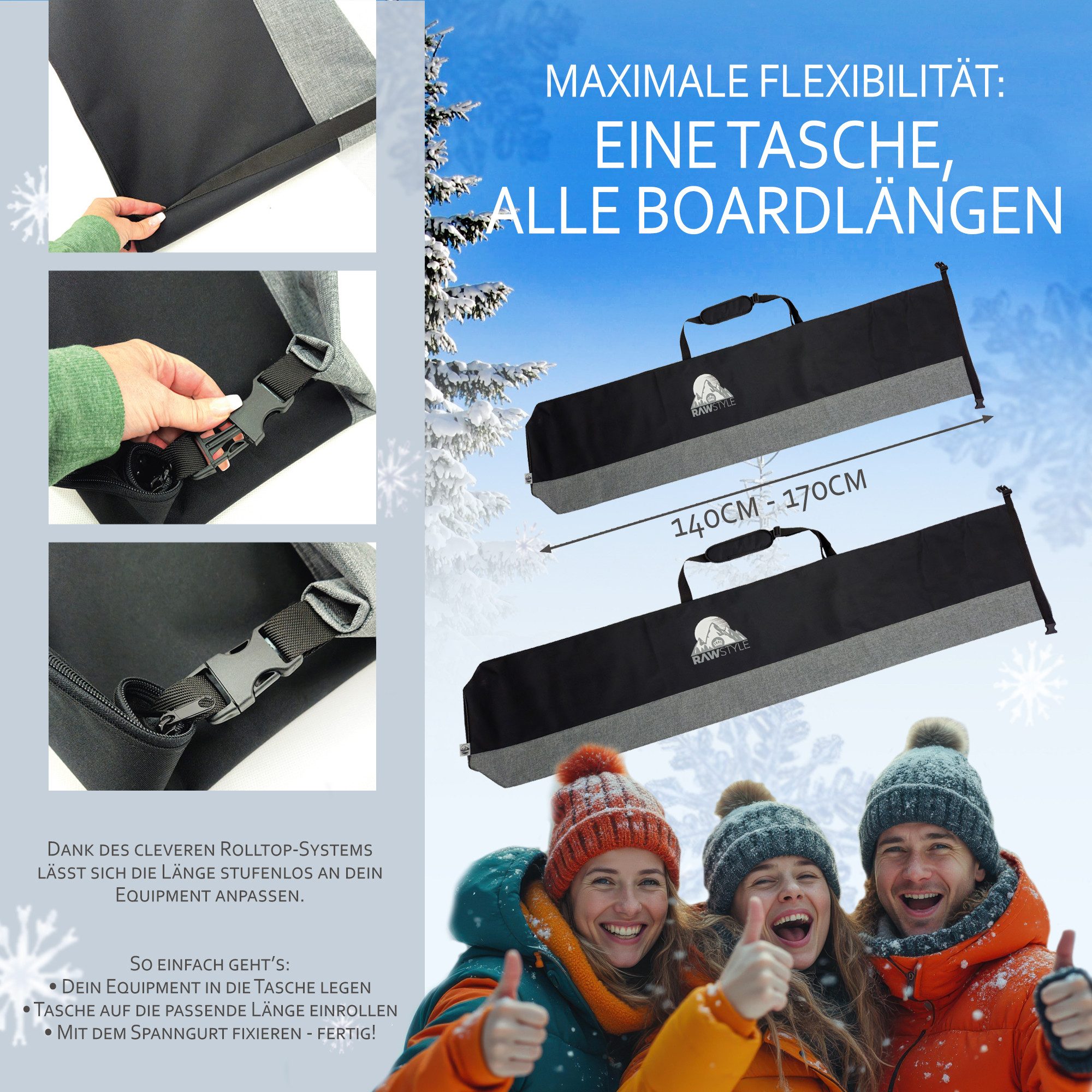 BambiniWelt by Rafael K. Skitasche Snowboardtasche für Board Boots Helm verstellbares Rolltop 140-170cm, universelle Snowboardtasche, Rolltop-Systems 140-170cm
