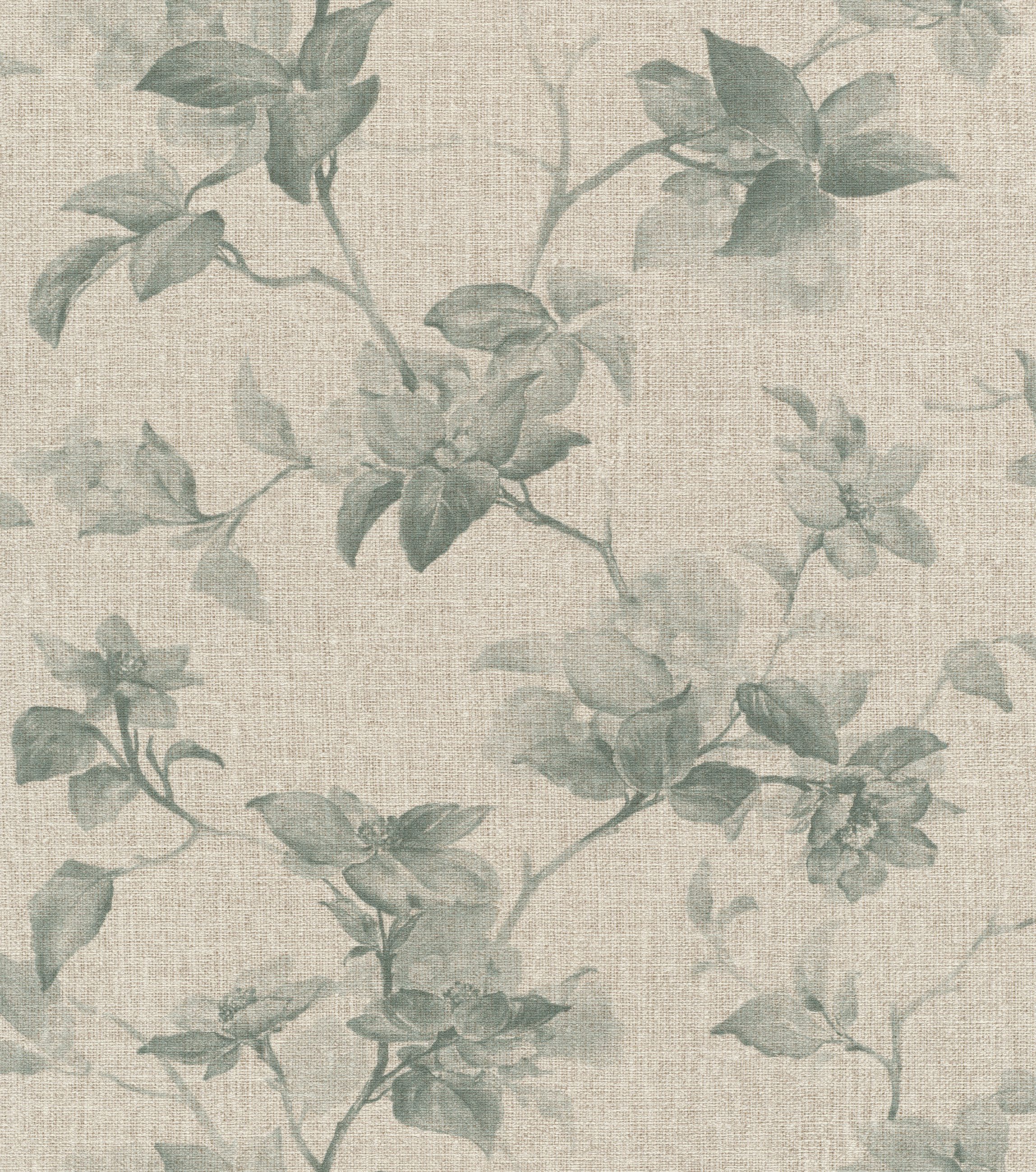 Rasch Vliestapete Blätter, Blüten & Zweige - Vinyltapete Grün Creme, Ranken, Blumen, Natur, Blätter, Zweige, (1 Rolle, 1 St., Kollektion Atelier Tissé - 10,05 m x 0,53 m), gute Lichtbeständigkeit, feucht abwischbar, restlos abziehbar