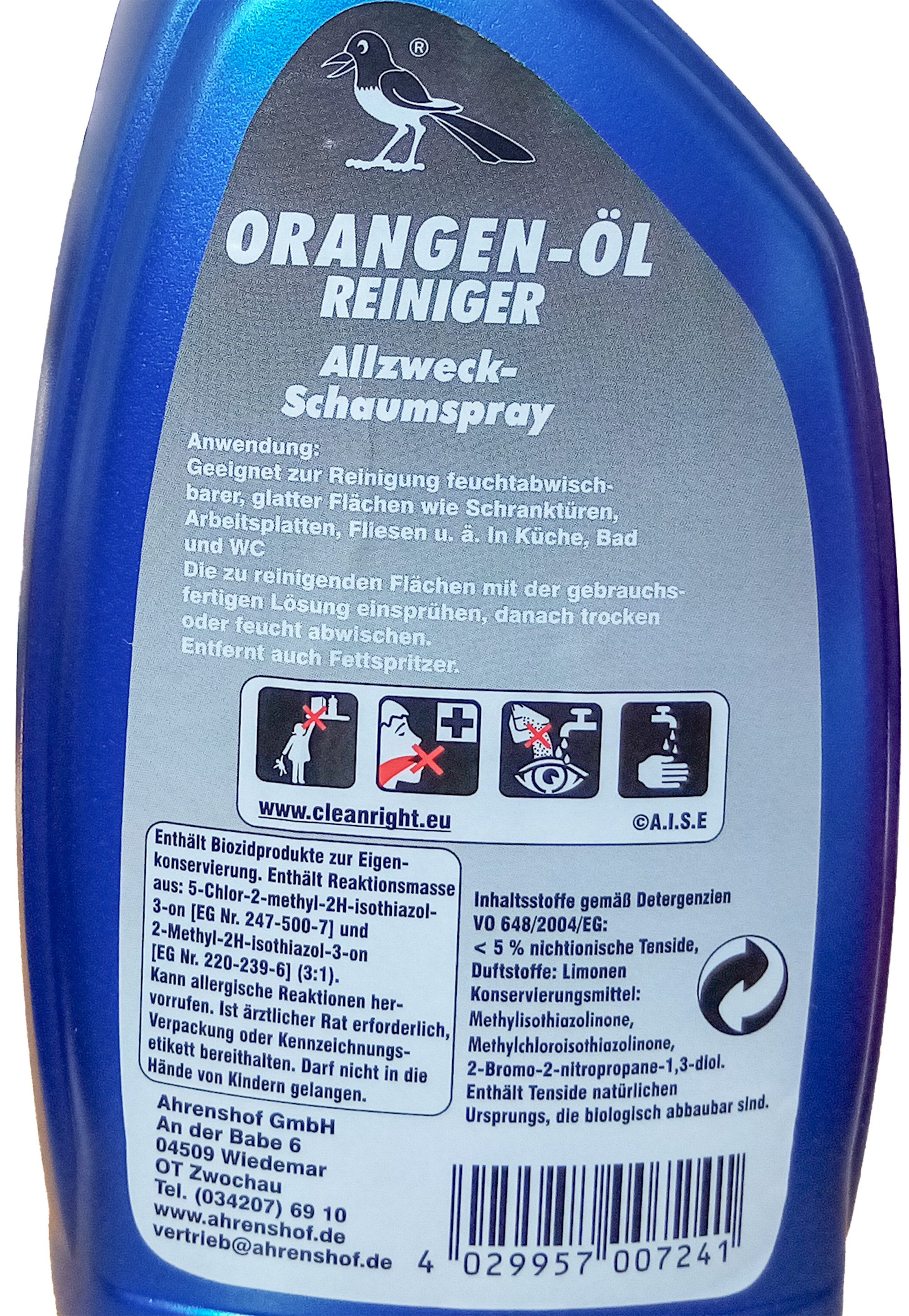 Ahrenshof ORANGEN-ÖL REINIGER 750ml Schaumspray Allzweckreiniger 41 Allzweckreiniger (Orangenreiniger Fleckentferner Schaumspray Orangenöl Fettlöser)