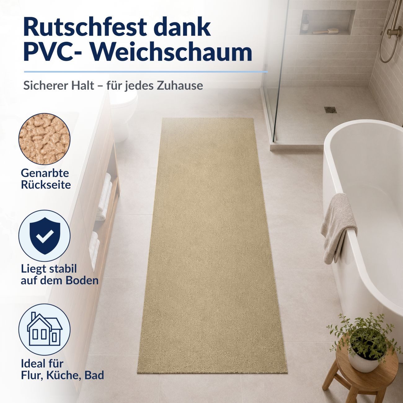 ANRO Badematte AquaComfort Meterware Mikrofaser Schlingen-Badläufer 60/90 cm Breite, Höhe 3 mm, rutschhemmender Rücken, Fußbodenheizung geeignet, zuschneidbar,  – Bild 4 von 5