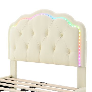 Flieks Polsterbett, LED Beleuchtung Kinderbett Einzelbett mit Wellenform Kopfteil 90x200cm