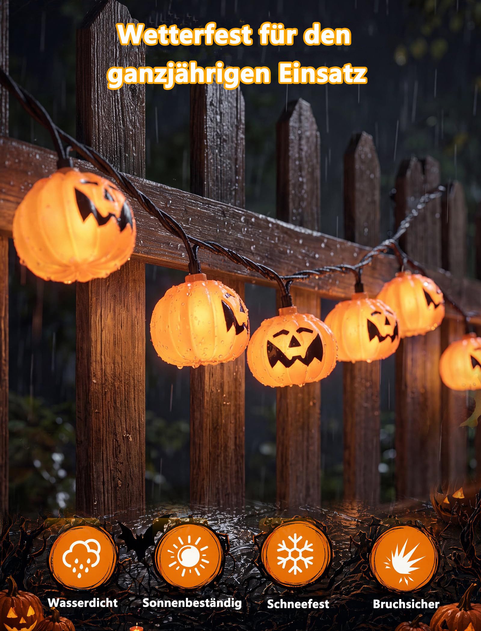 nsihing LED-Lichterkette Halloween-Kürbis-Lichterkette (batteriebetrieben), 3 m / 20 LEDs, niedliche wasserfeste 3D-Kürbisse, Dauerlicht/Flackern – Bild 2 von 5