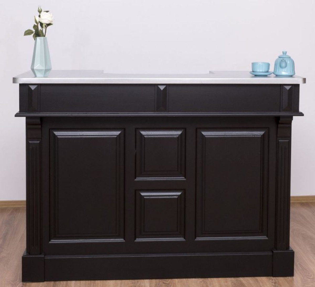 Barschrank Landhausstil Theke Schwarz / Silber 160 x 65 x H. 107 cm - Massivholz Thekentisch mit verzinkter Tischplatte - Barmöbel im Landhausstil