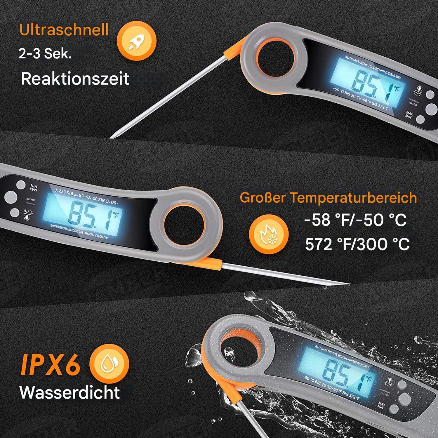 AIMAX Kochthermometer Thermometer Fleischthermometer Grillthermometer Bratenthermometer, Küchenthermometer, BPA- Frei, Drehbares LCD-Display, Sofortanzeige, Messbereich von -50°C bis 300°C 1-tlg., Mit Magnetrückseite für eine einfache Anbringung am Grill/ Kühlschrank, Korrosionsbeständig, hochtemperaturbeständig, leicht zu reinigen