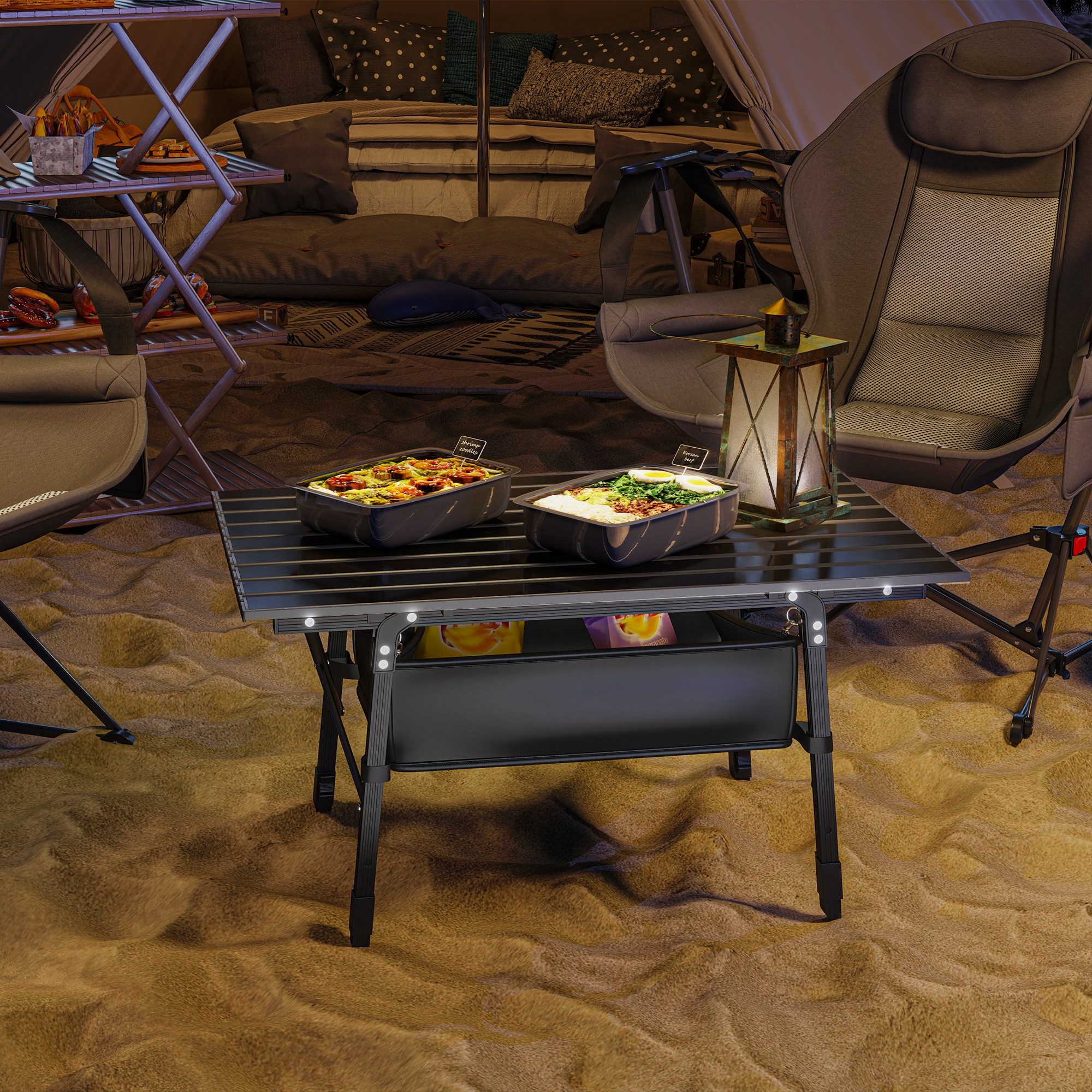CHICFURN Gartentisch Campingtisch aus Aluminium, Klappbar und Höhenverstellbar (Packung, 1-St., Mit Aufbewahrungskorb und Tragetasche, Schwarz), Für Camping, Picknick, Grillen und Gartenpartys geeignet