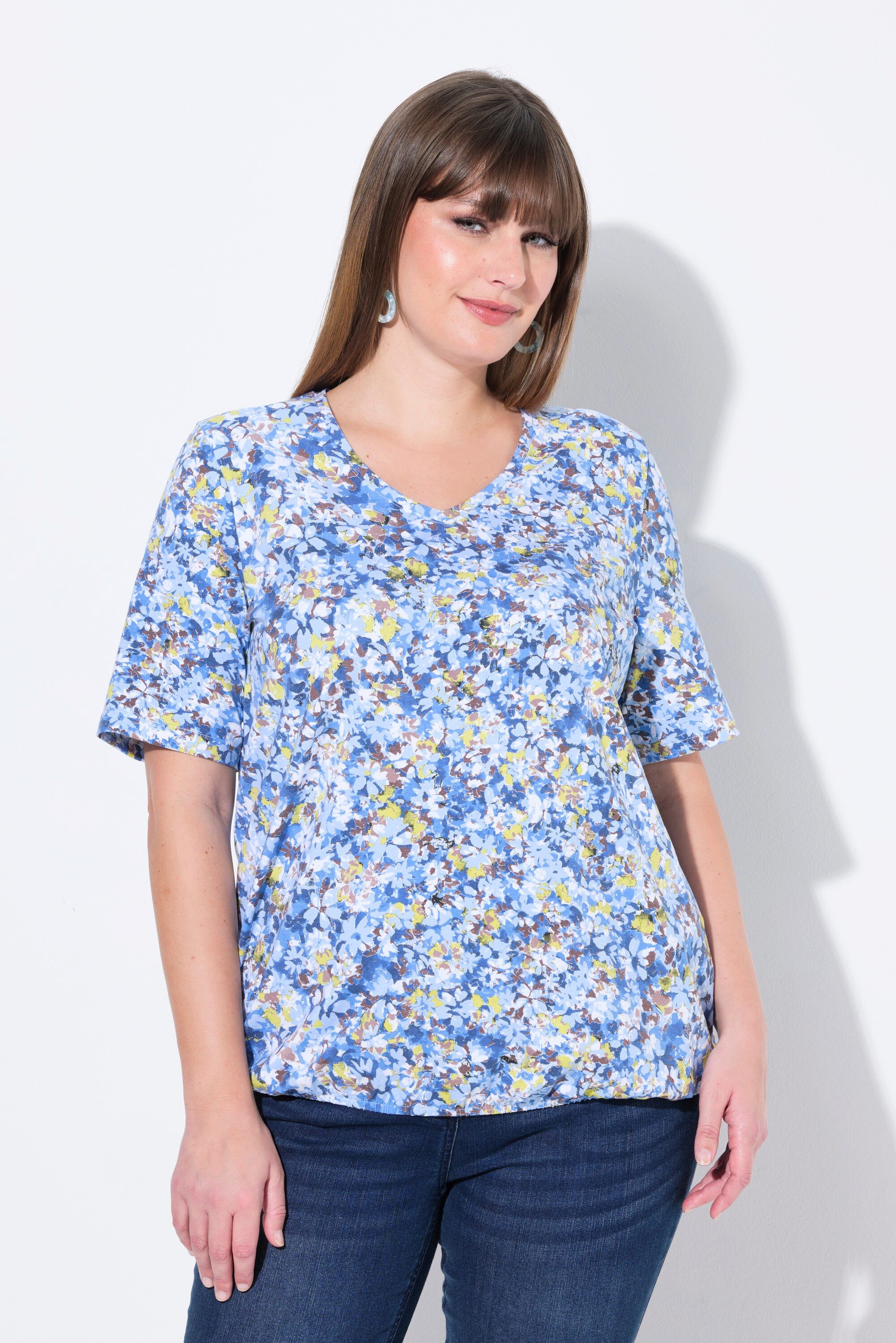 Ulla Popken T-Shirt T-Shirt Gummisaum V-Ausschnitt günstig online kaufen