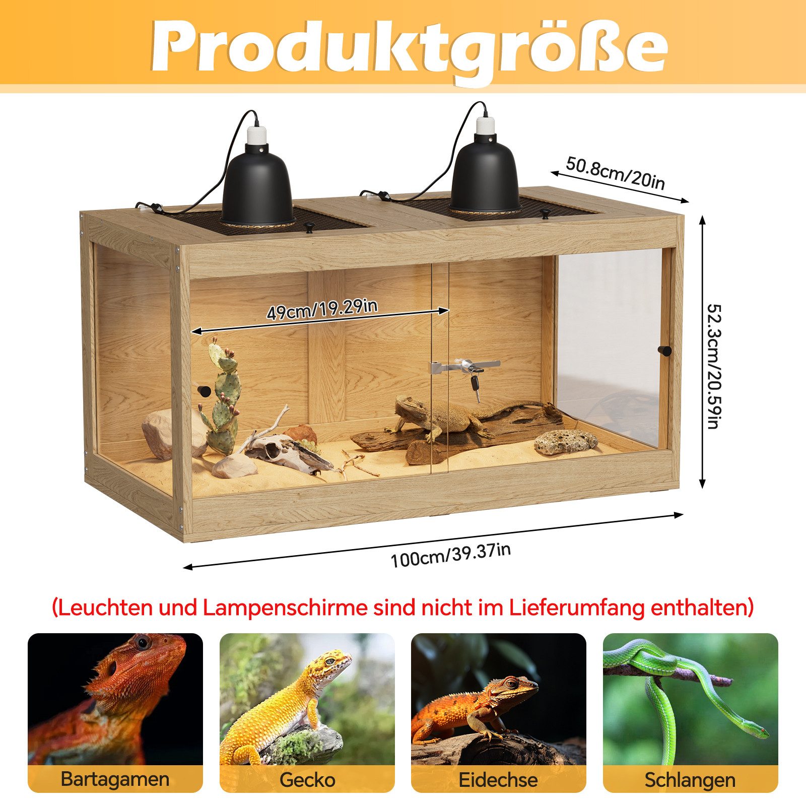 TWSOUL Terrarium Reptilien-Terrarium mit Belüftung, Metallgitterdach & Schiebetür, geeignet für Bartagamen, Schlangen und Echsen, 100*50*52cm