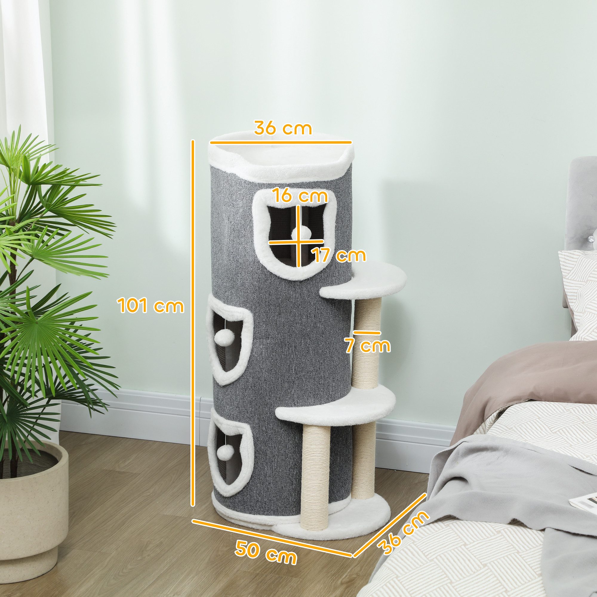 PawHut Kratztonne mit Höhle, Spielball, Plüschrand, Sisal-Kratzbäumen, oberem Bett, (mehrstöckig Kratzbaum, 1-tlg., 101 cm hoch Katzentonne), für Katze bis 6 kg, Grau