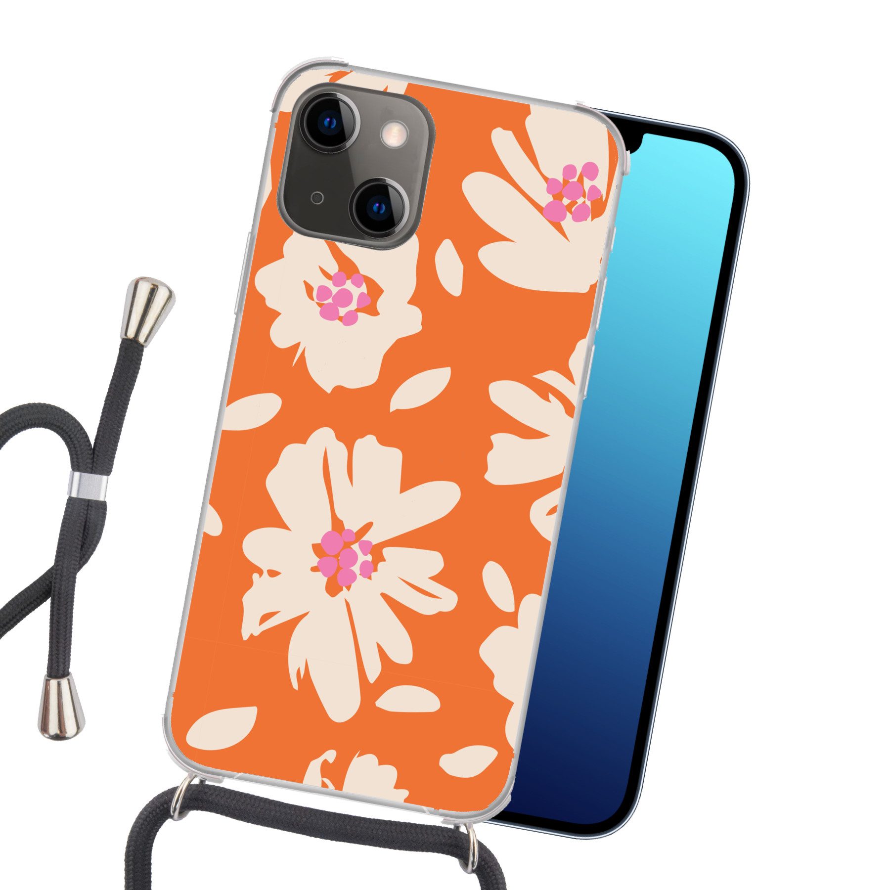 MuchoWow Handyhülle für Apple iPhone 13 Blumen - Orange - Beige - Rosa - Abstrakt, Tragbare Handyhüllen mit Kette zum umhängen, Handykette Handyband
