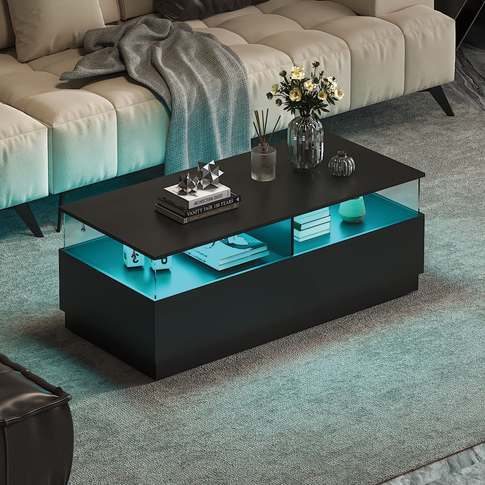 radelldar Couchtisch mit LED-Beleuchtung und 2 Acryltüren-Schubladen (1-St), Wohnzimmertisch Beistelltisch 108 x 50 x 40 cm – Bild 3 von 5