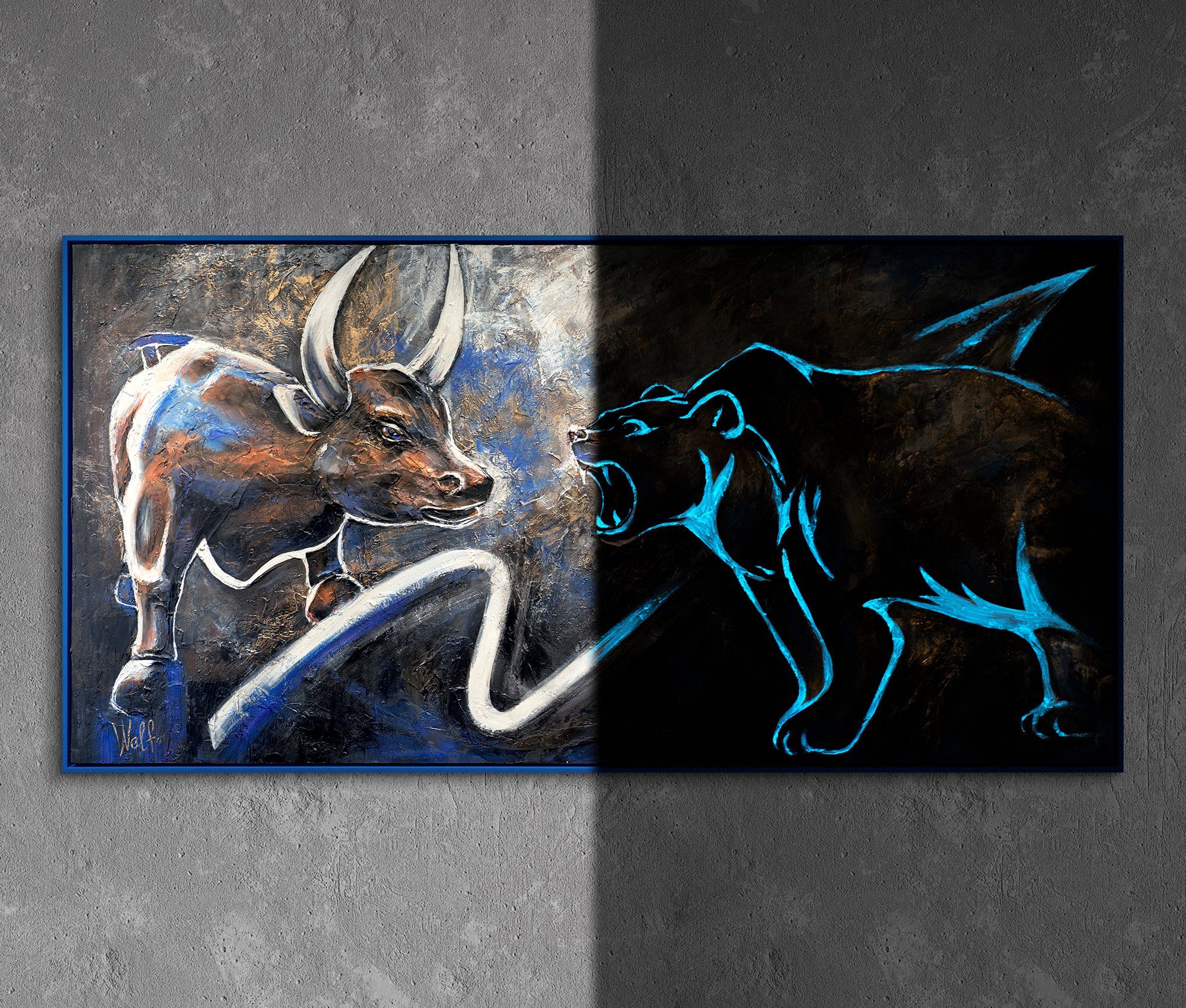 YS-Art Gemälde Börse, Tiere Mit Rahmen in Blau